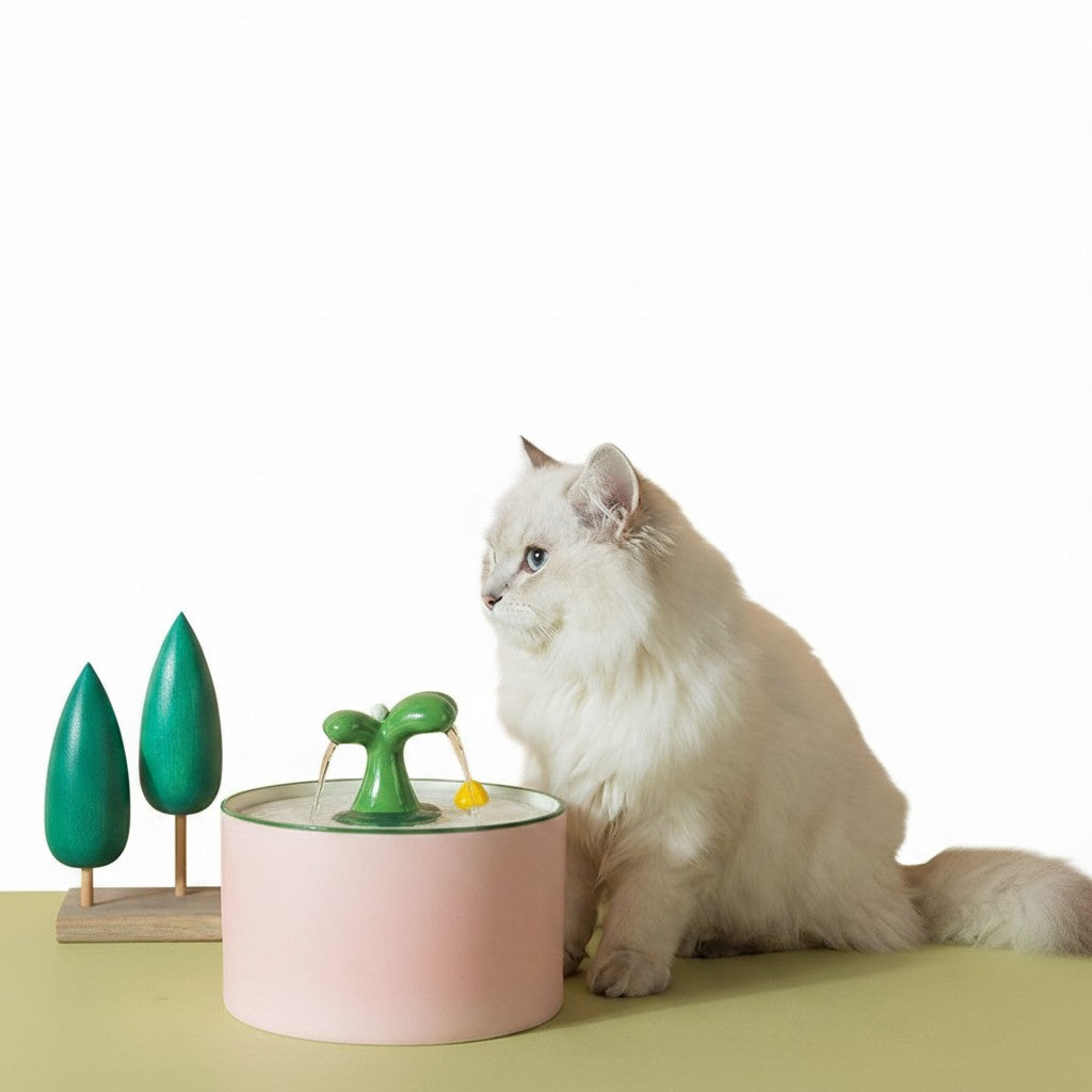 Little Pets Club automatic ceramic pet drinking fountain in pink with a green sapling spout, featuring a white cat.