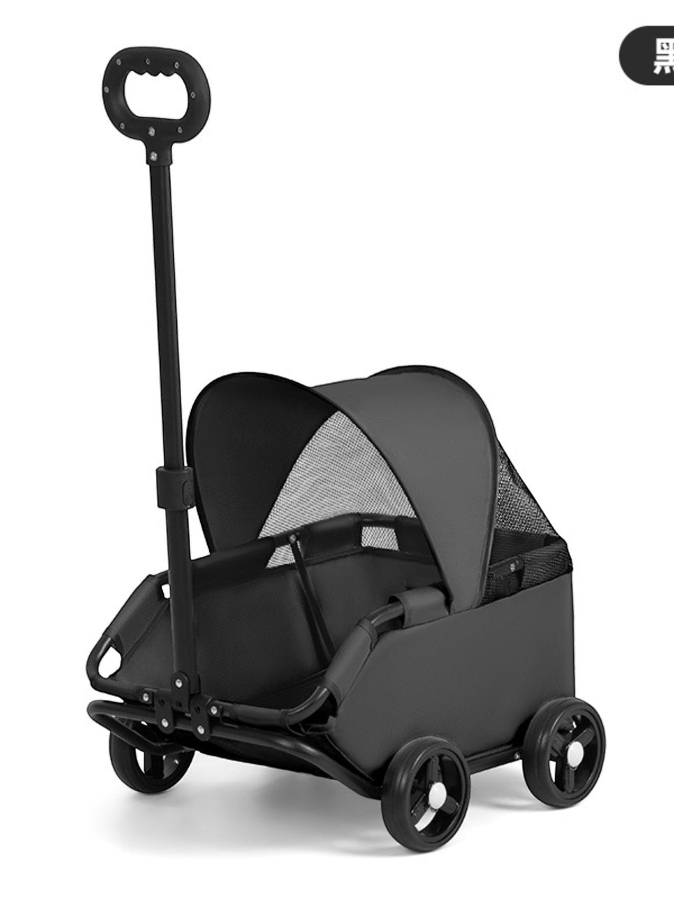 Little Pets Club black pet stroller with canopy and adjustable handle. Lightweight and durable for small dogs.