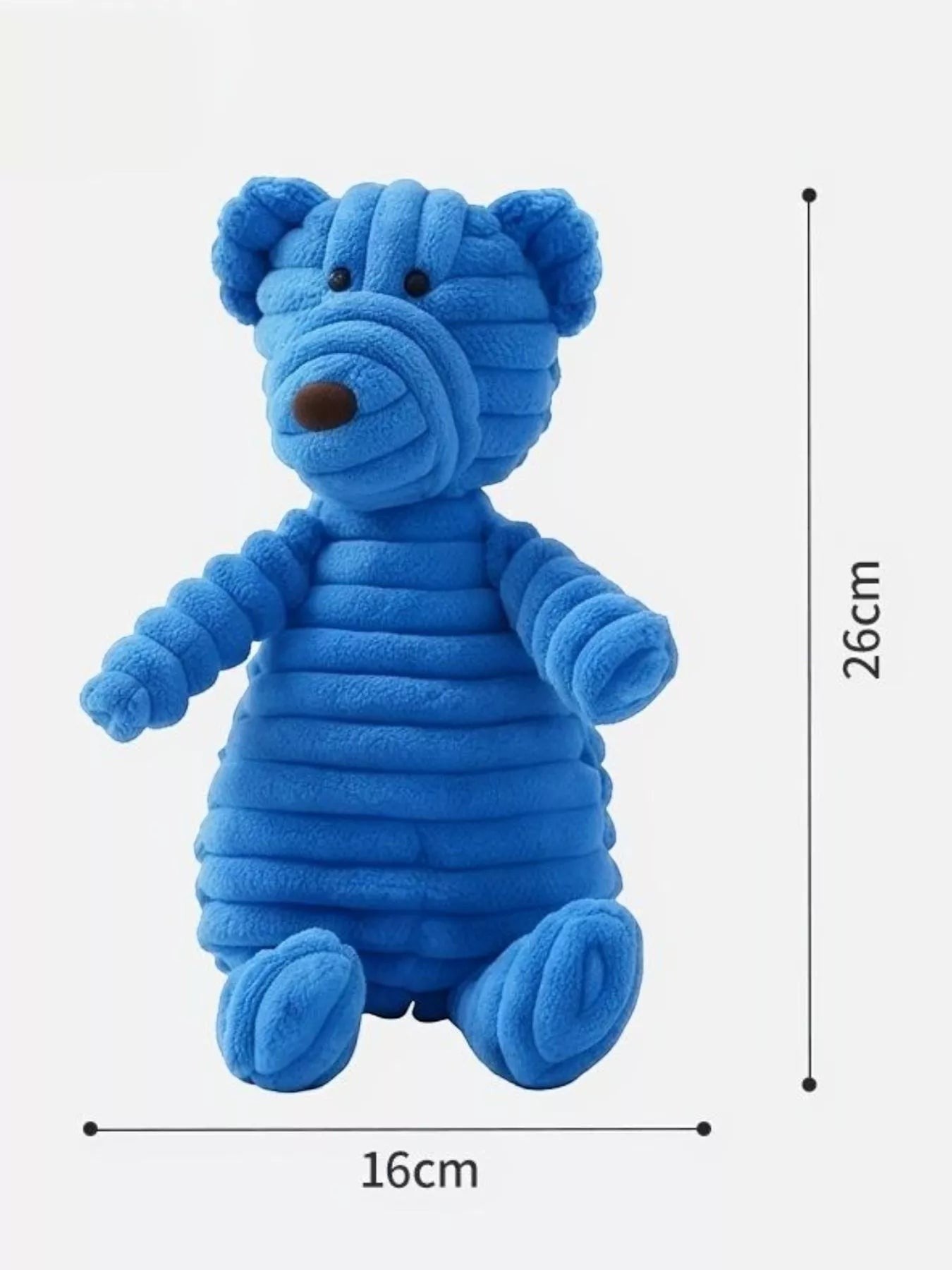 Little Pets Club blue corduroy teddy bear plush toy with ribbed texture and brown nose.