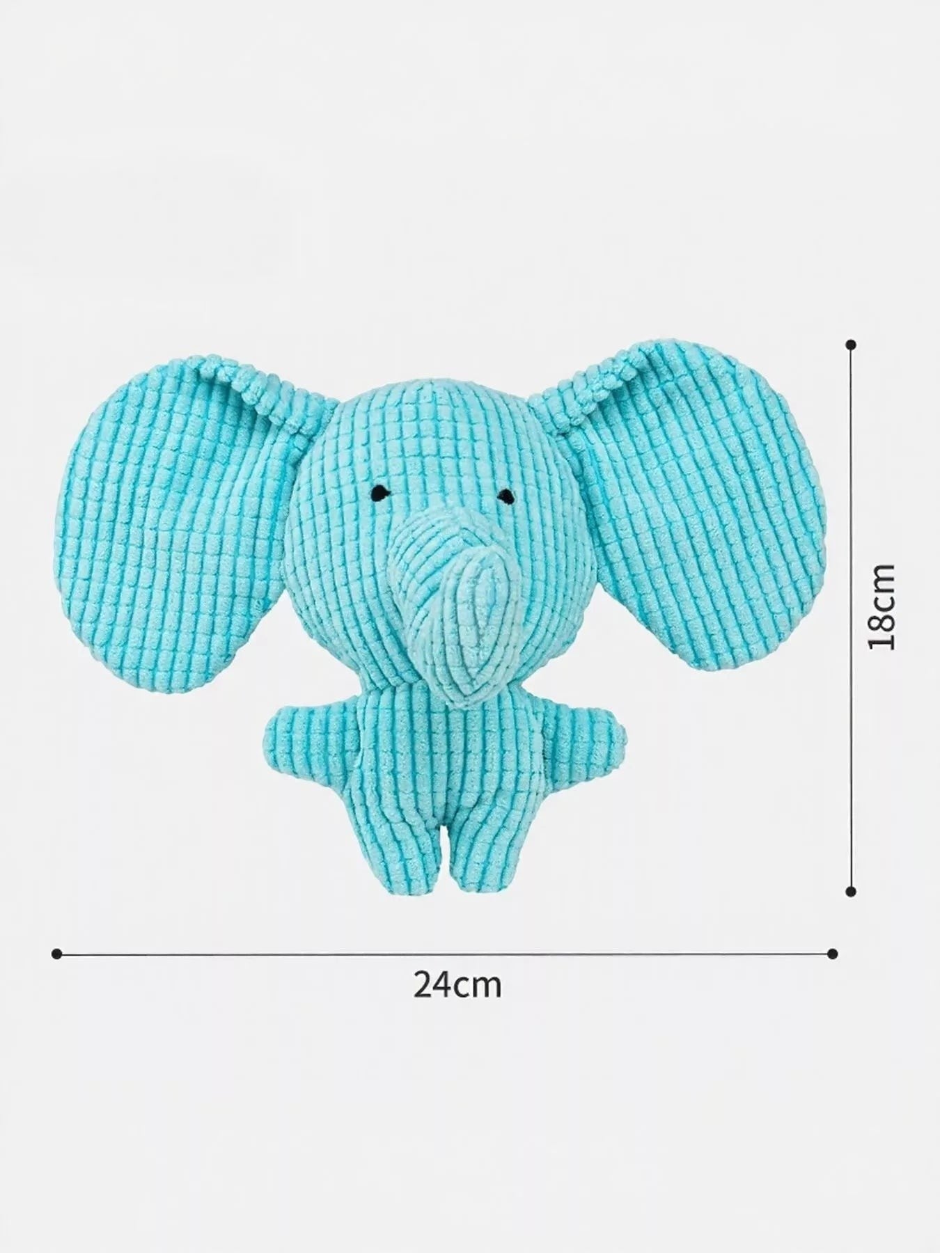 Little Pets Club blue corduroy elephant plush toy with large ears and ribbed texture, 18cm tall.