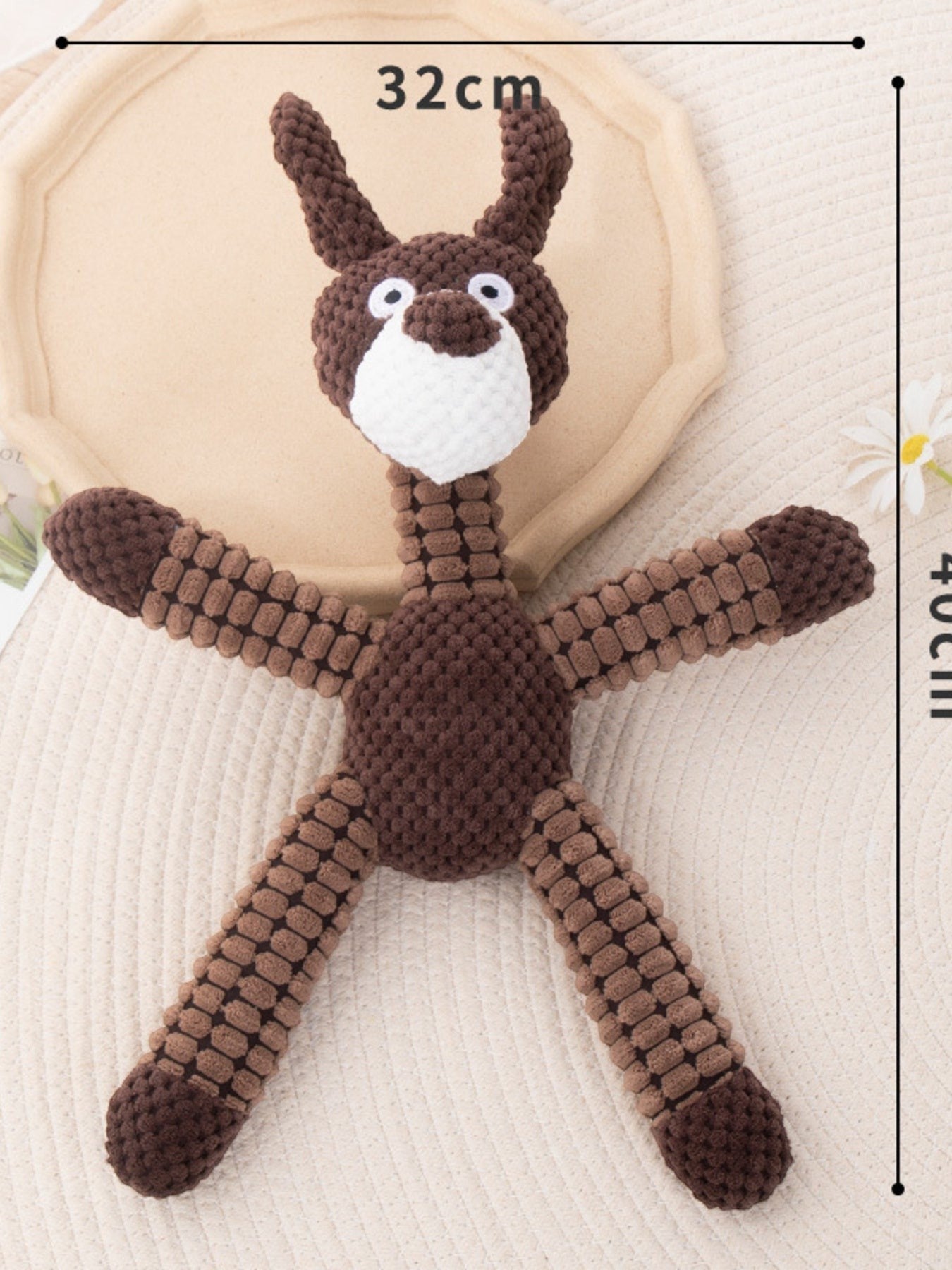 Little Pets Club brown plush dog toy with long limbs and ears, made of polyester.