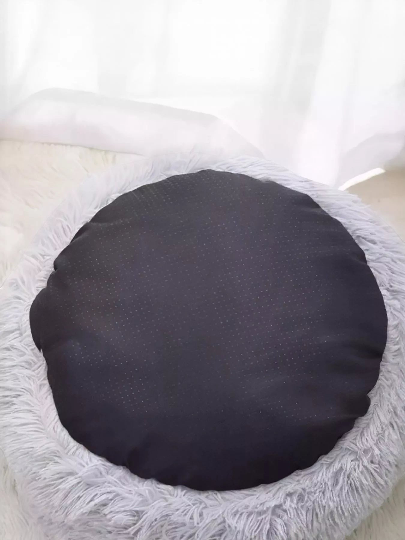 Little Pets Club Calming Cloud Nest pet bed in light grey faux fur with a non-slip base.