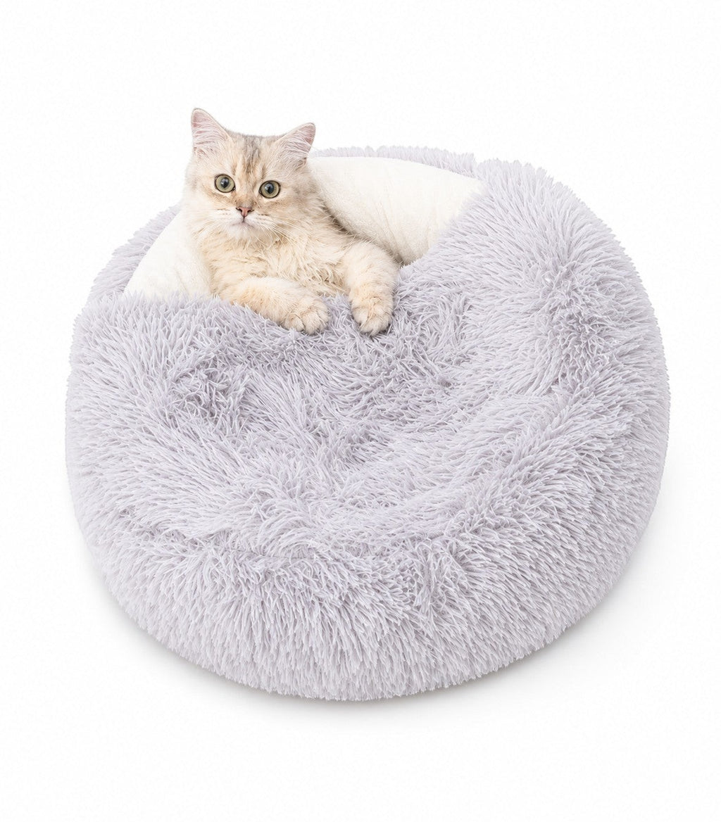 Little Pets Club Calming Cloud Nest™ light grey plush faux fur pet bed with raised rim for support and deep nest shape for security.
