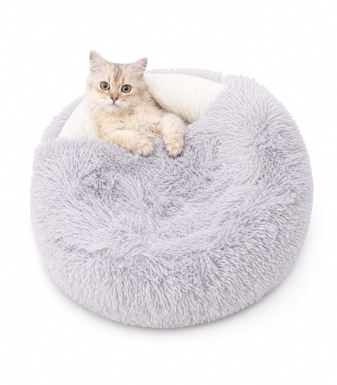 Little Pets Club Calming Cloud Nest™ light grey plush faux fur pet bed with raised rim for support and deep nest shape for security.