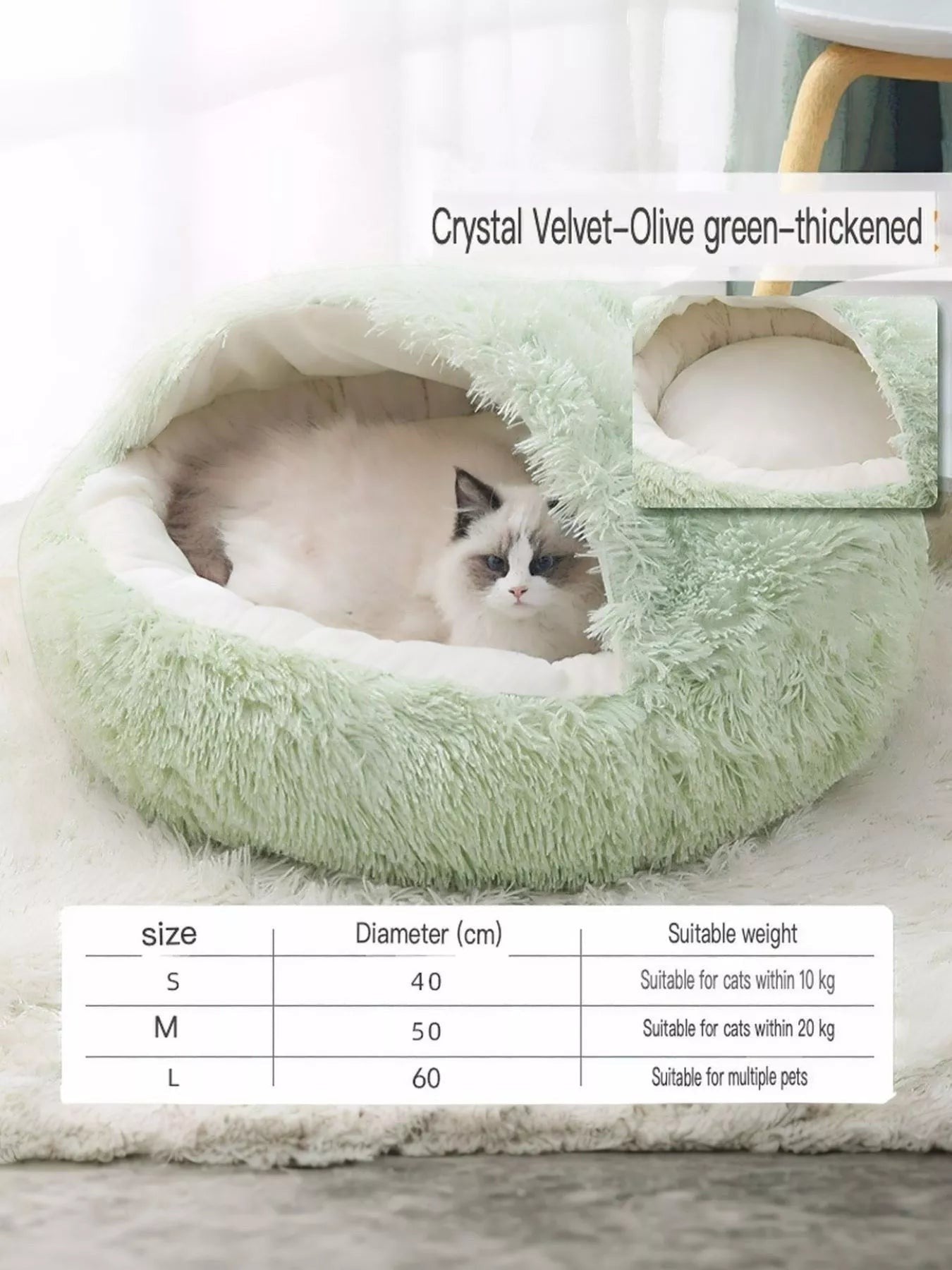 Little Pets Club Calming Cloud Nest pet bed in olive green faux fur with a raised rim and deep nest shape. A ragdoll cat is resting inside.