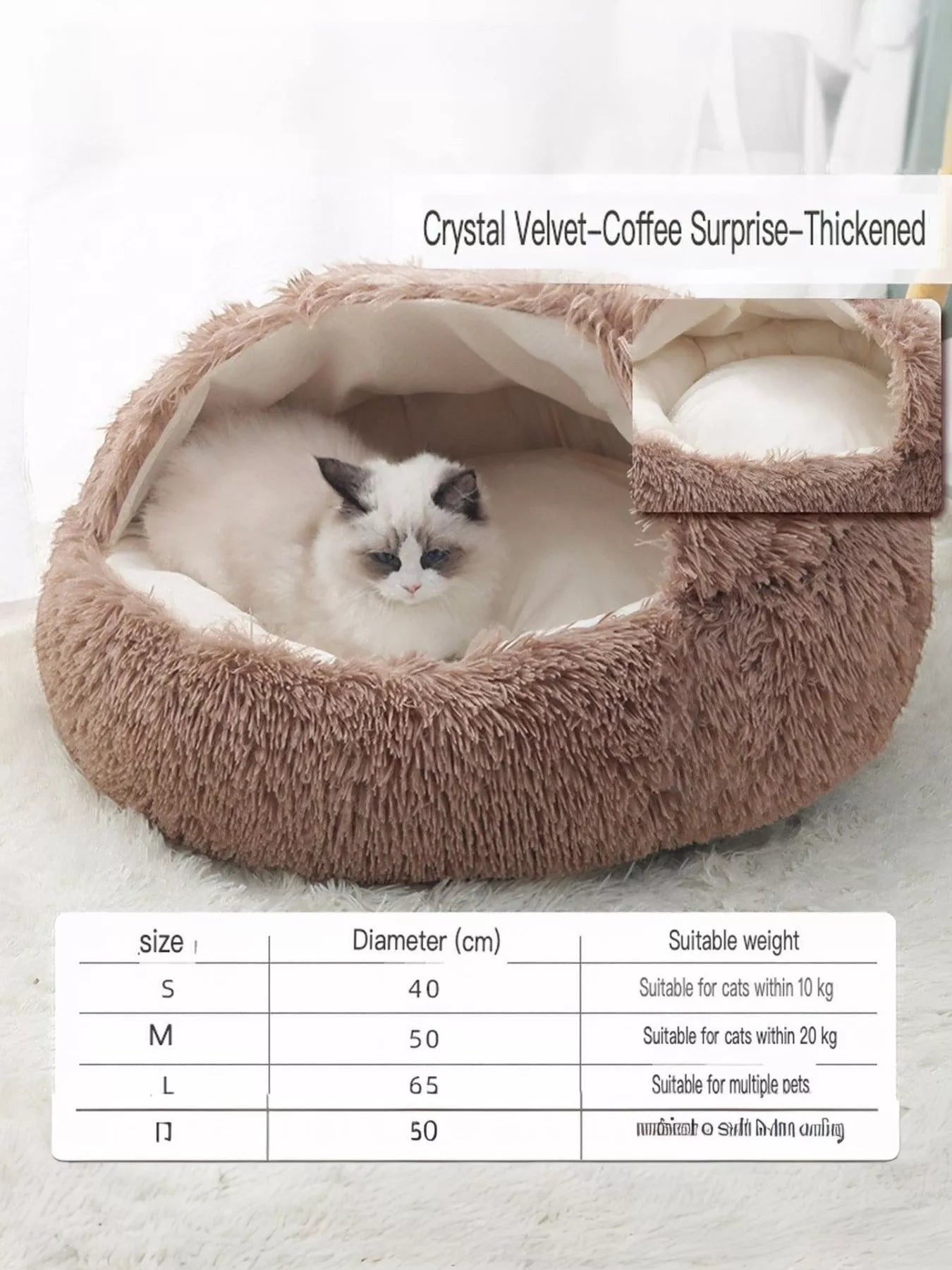 Little Pets Club Calming Cloud Nest pet bed in mocha brown faux fur with a raised rim for support and a deep nest shape for security. A Ragdoll cat rests inside.
