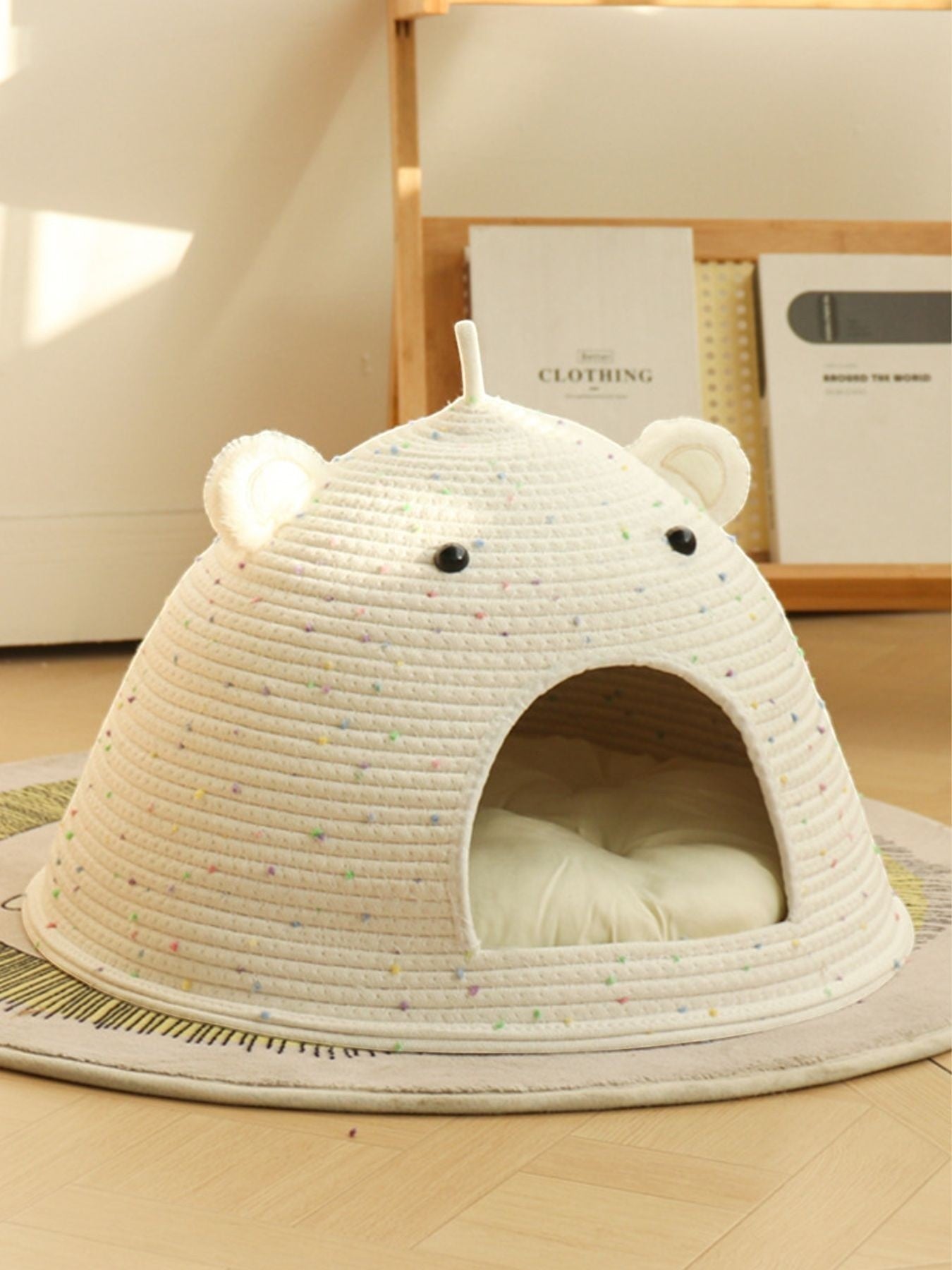 Little Pets Club Speckled Bear Ear Cat Cave Bed, a cozy, dome-shaped cotton rope bed with multicolor speckles and bear ears.