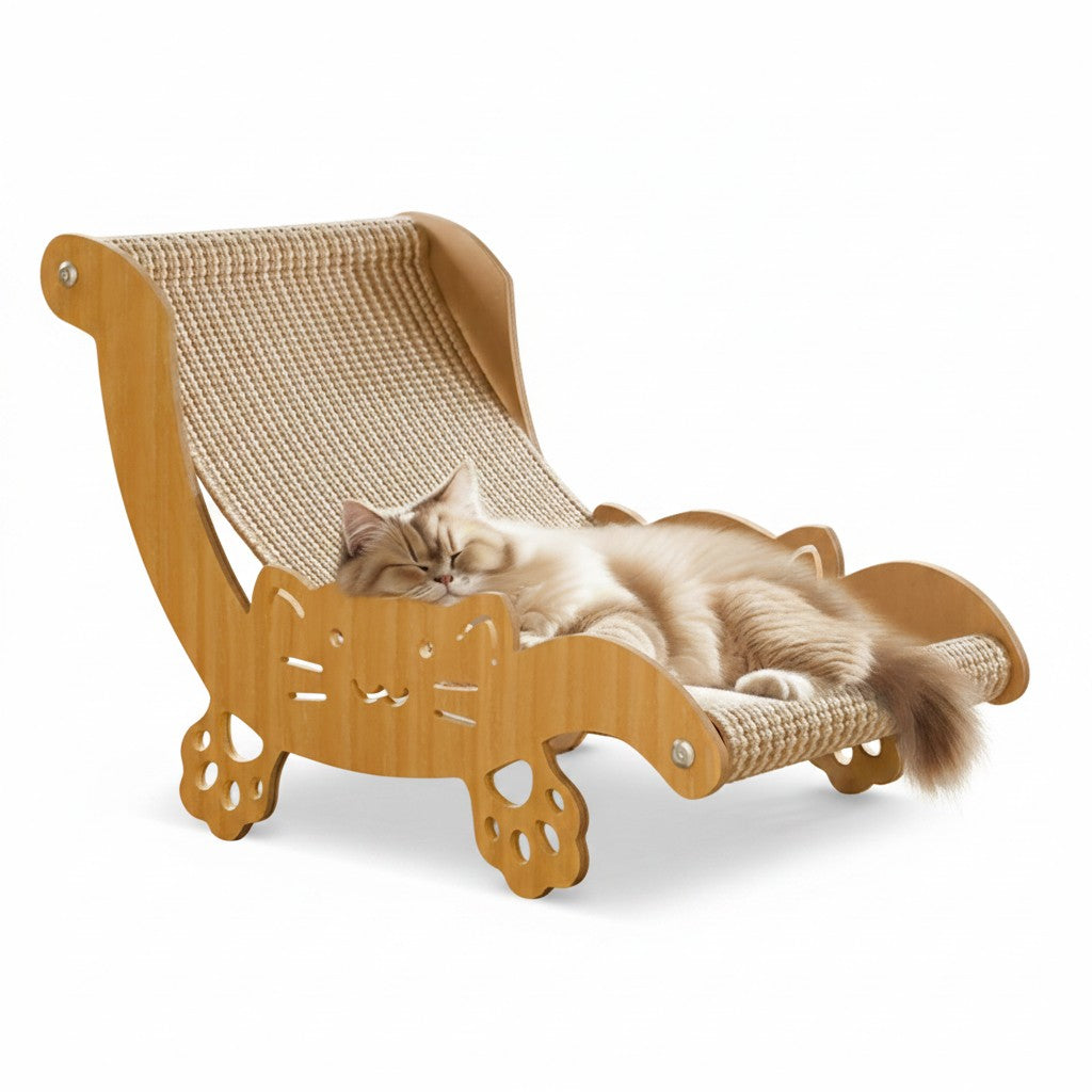 Little Pets Club wooden cat scratching recliner with sisal mat, featuring a cute cat face cutout and paw-shaped legs. A fluffy cat sleeps on the recliner.