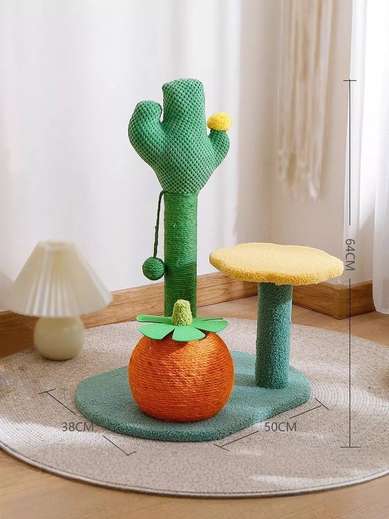 little pets club Bloom Plush Cat Tree with cactus design, orange fruit base, yellow perch, and sisal posts.