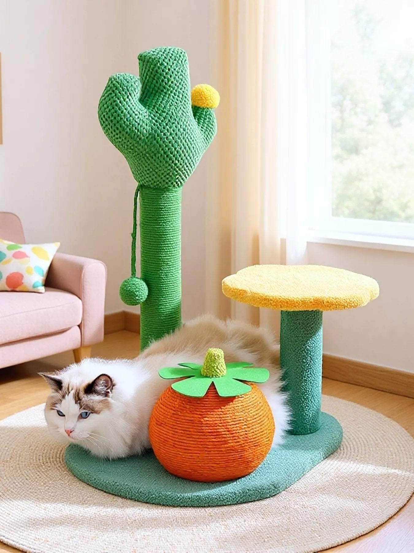 Little Pets Club Bloom Plush Cat Tree with cactus design, sisal posts, and orange fruit toy. Features plush perches and a pom-pom toy.