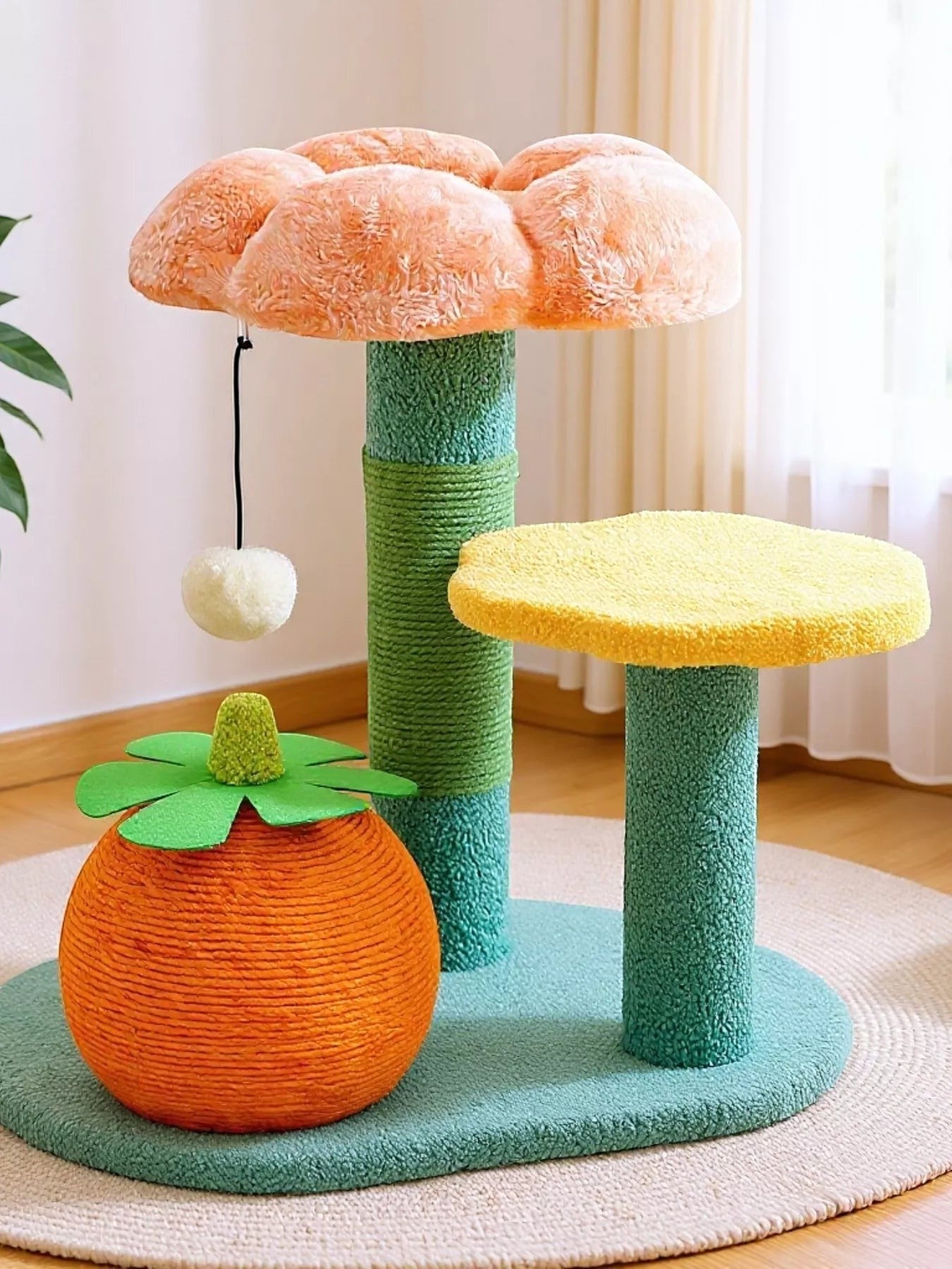 Little Pets Club Bloom Plush Cat Tree with orange flower perch, yellow platform, and sisal posts. Features a fruit-shaped base.