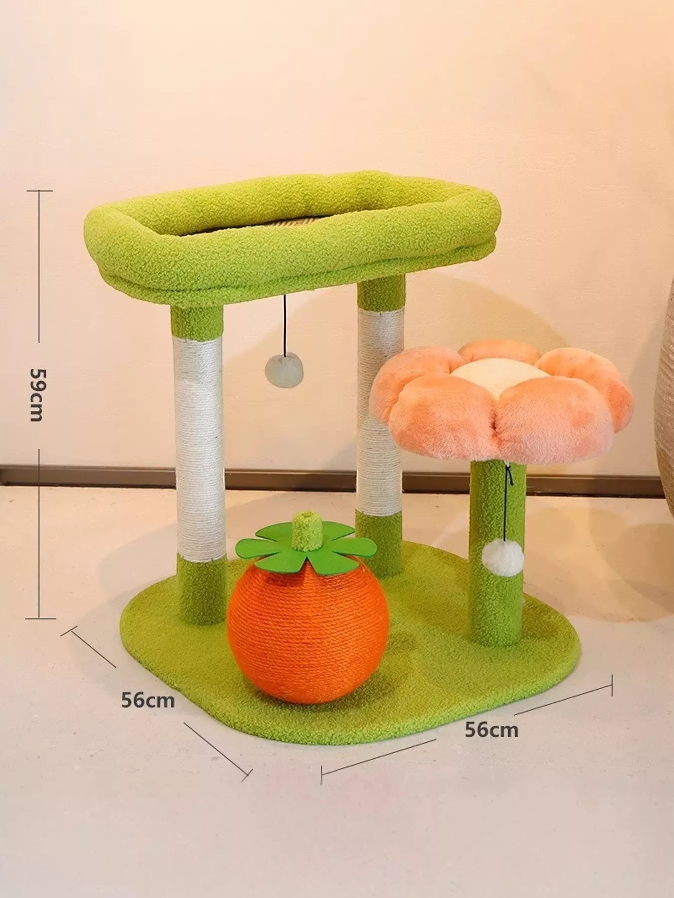 Little Pets Club Bloom Plush Cat Tree with orange fruit scratcher, pink flower perch, and green top platform.