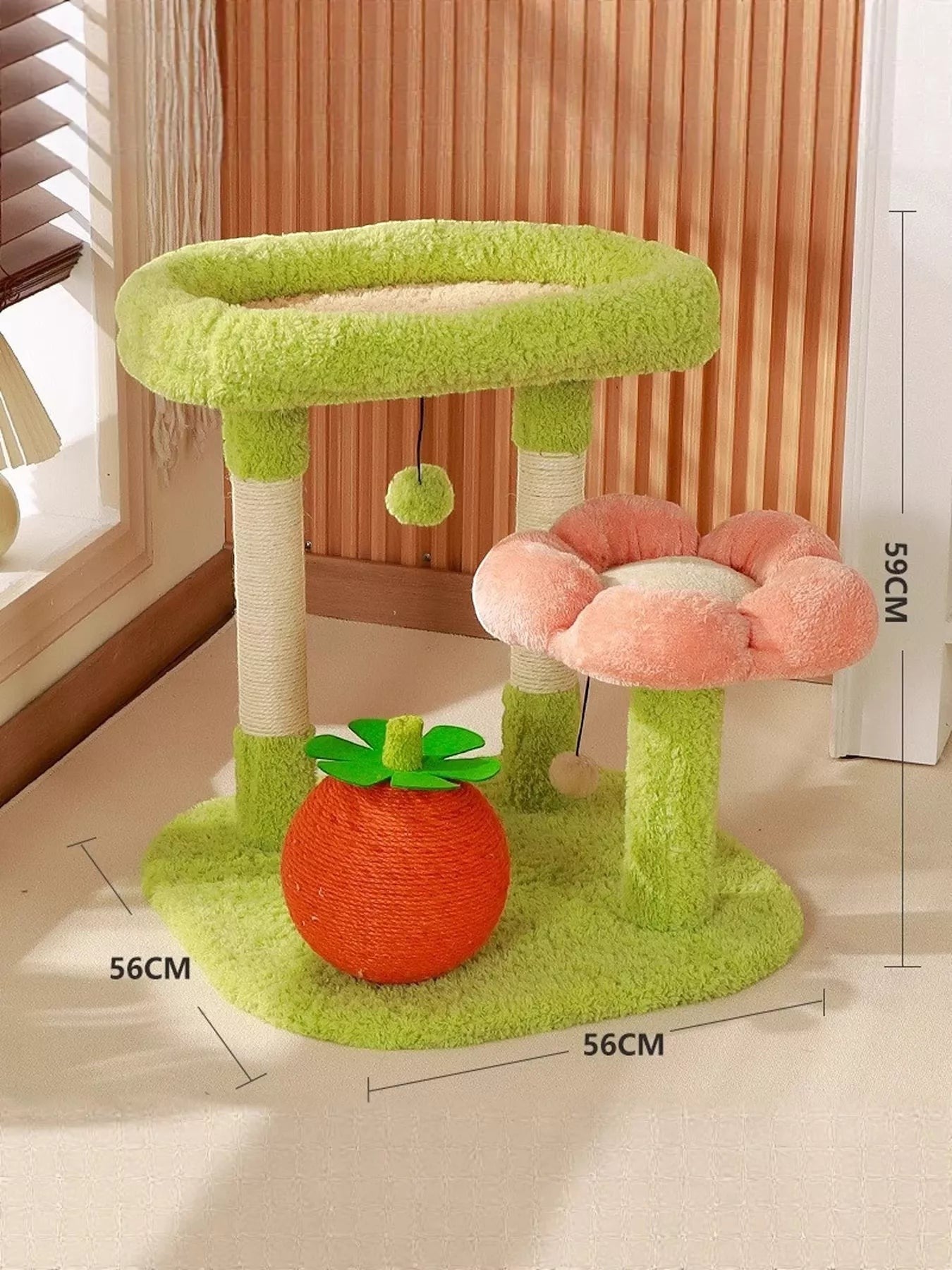 Little Pets Club plush cat tree with sisal posts, flower perch, and fruit toy. Green and pink.