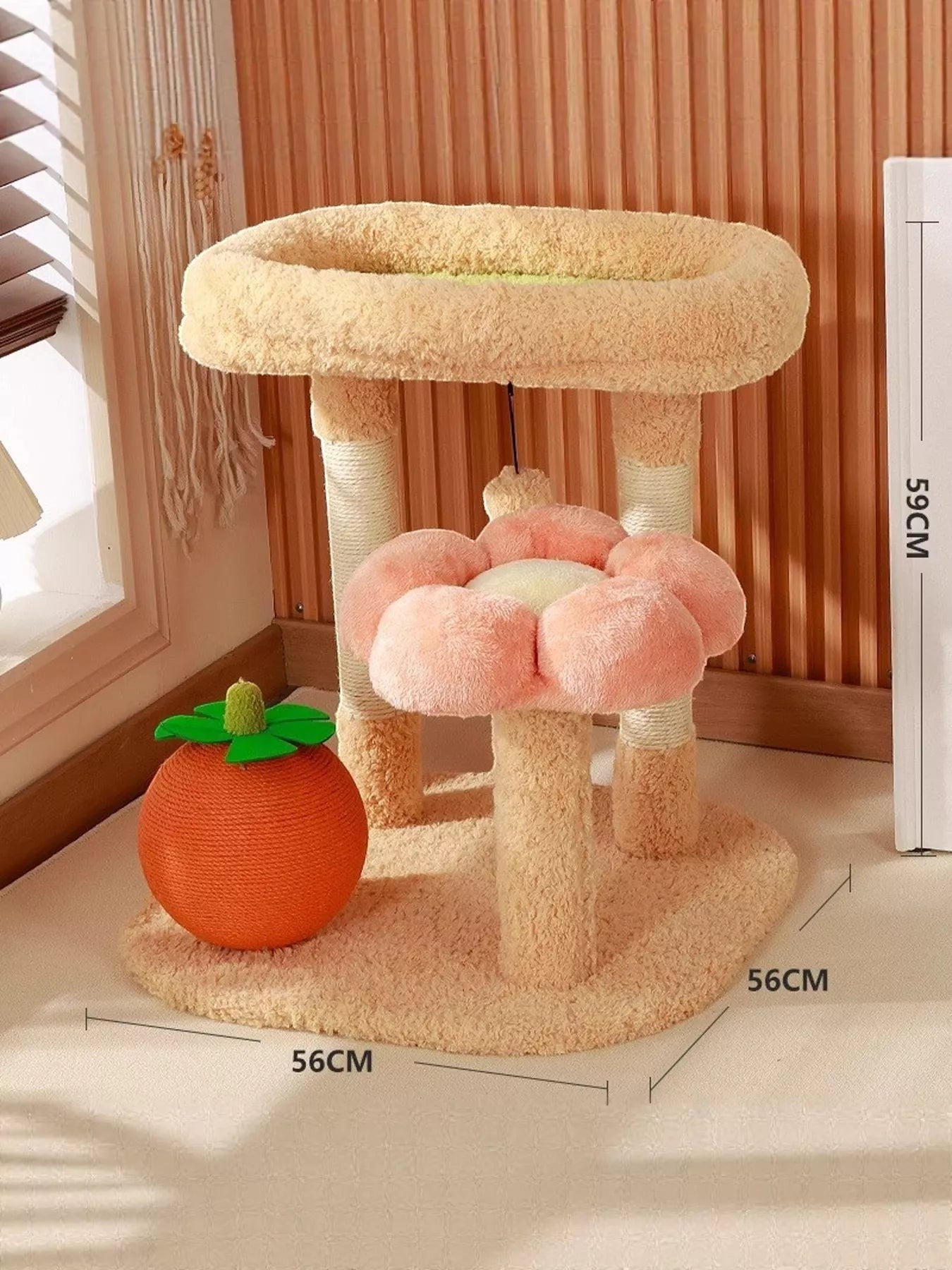 little pets club Bloom Plush Cat Tree with flower-shaped perch, sisal posts, and orange toy.