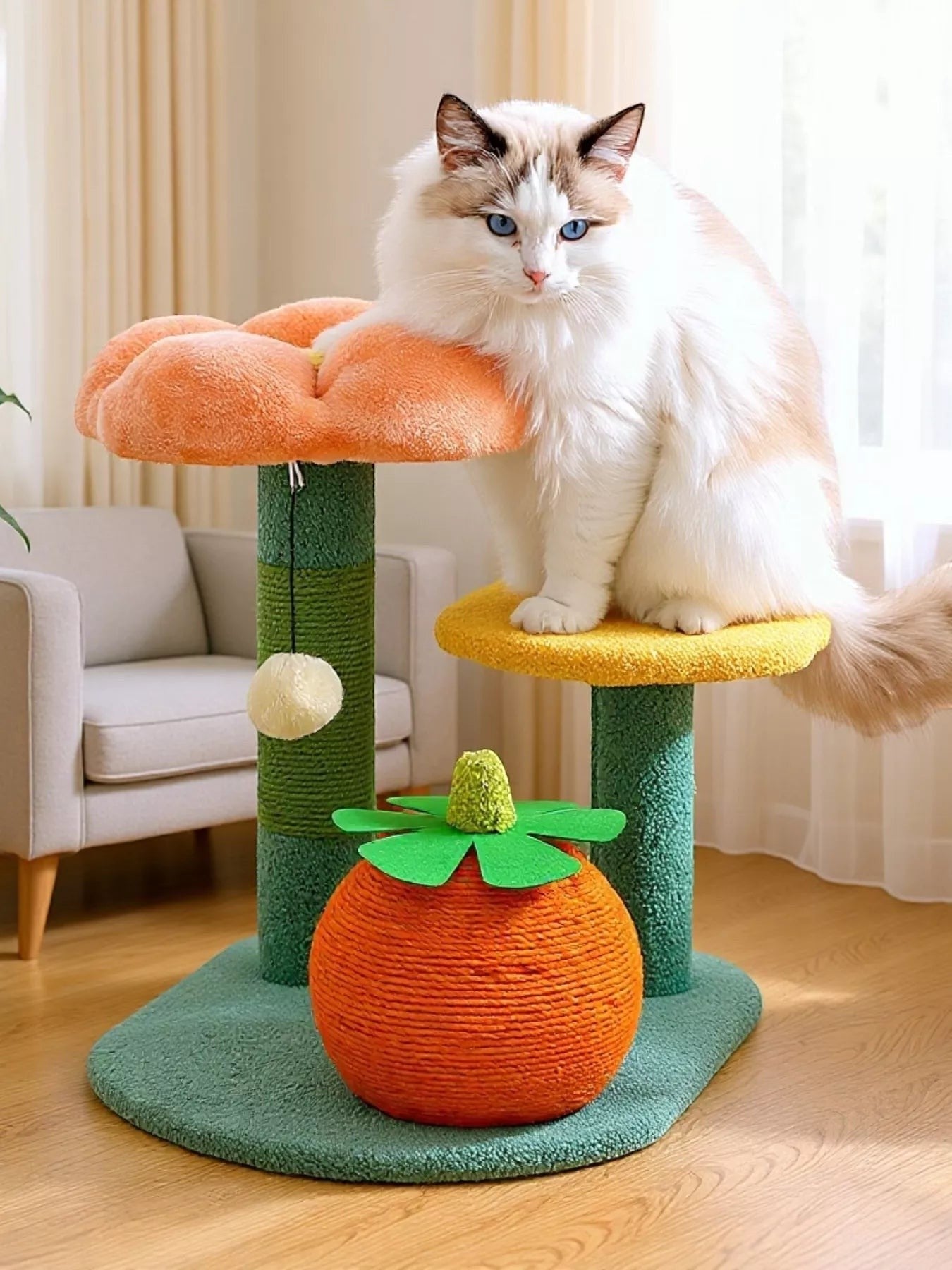 Little Pets Club Bloom Plush Cat Tree with orange flower perch, yellow perch, and orange sisal scratcher. Features a hanging pom-pom toy.