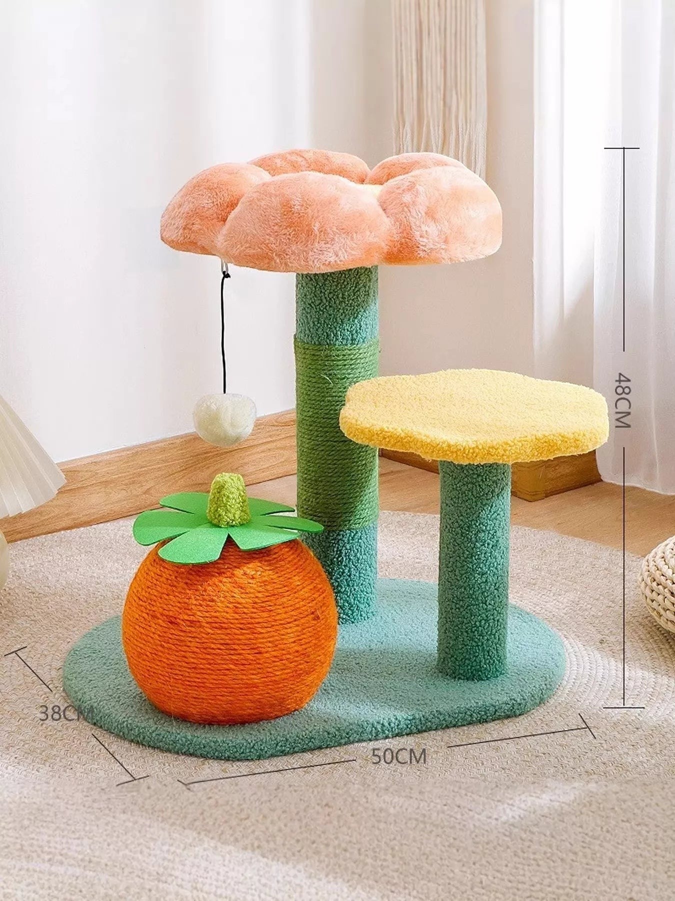 Little Pets Club Bloom Plush Cat Tree with orange sisal ball, peach flower perch, yellow perch, and hanging toy.