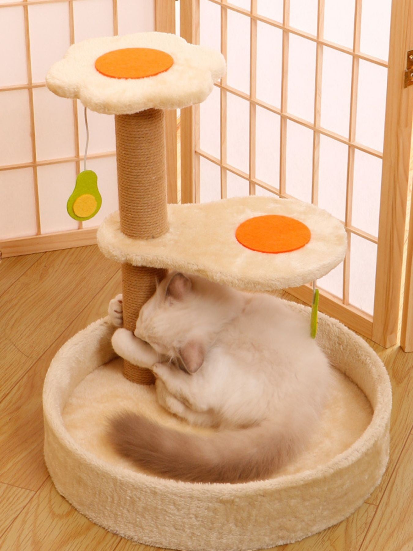 Little Pets Club cat tree with scratching post, perch, and bed. Cream plush with orange accents and avocado toy.