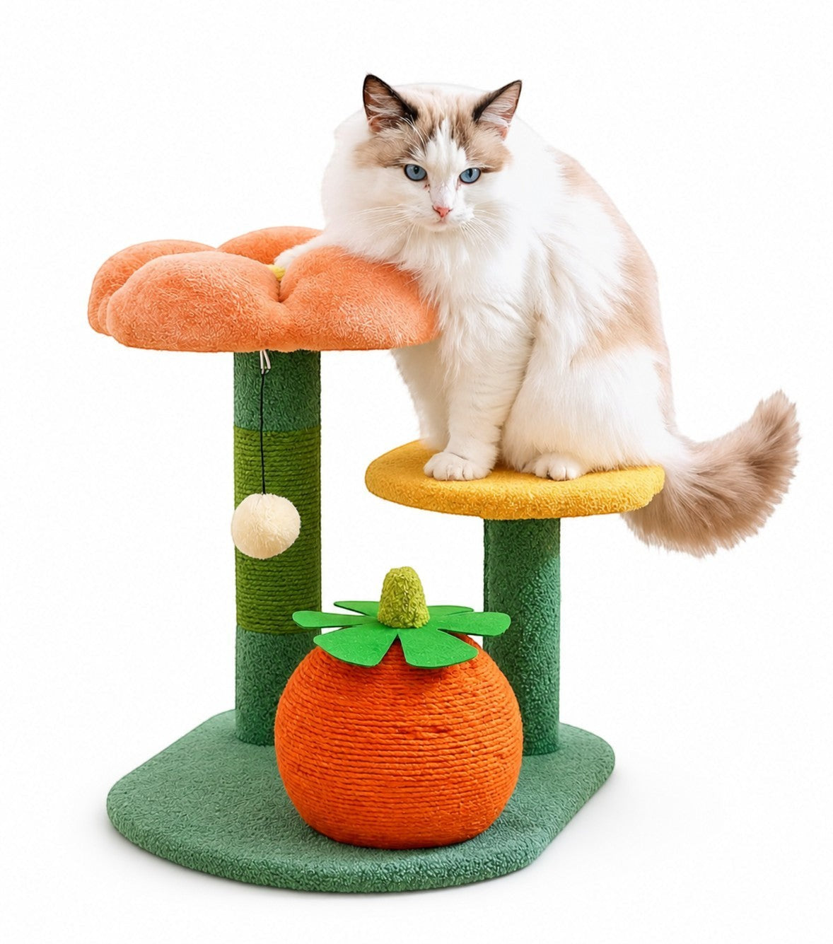 Ragdoll cat on a multi-level cat tree with orange plush flower perches, yellow platform, green sisal posts, and a pumpkin toy. little pets club.