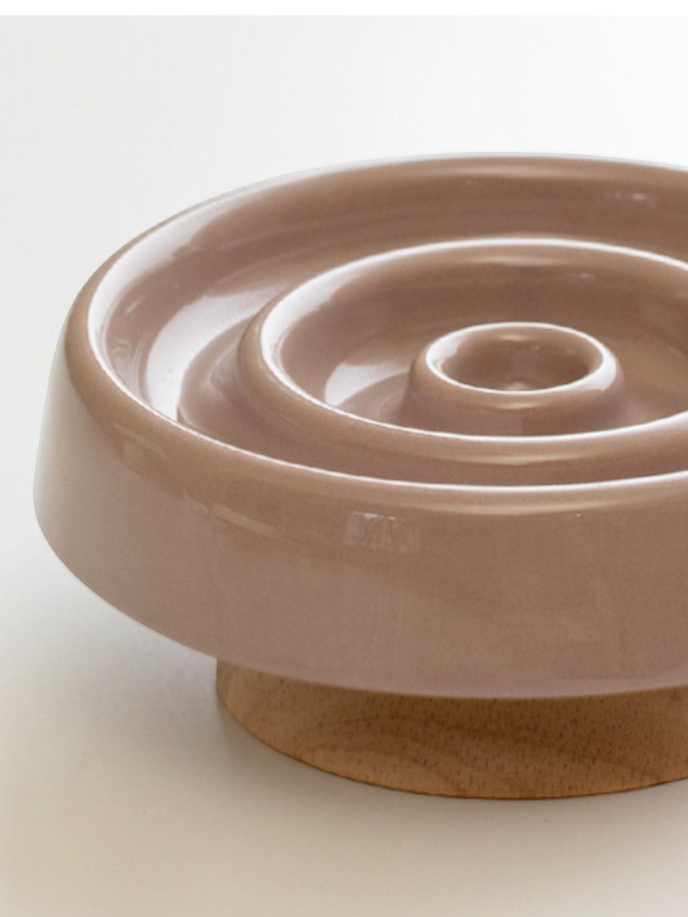 Little Pets Club taupe ceramic elevated slow feeder bowl with wooden base for cats and dogs.