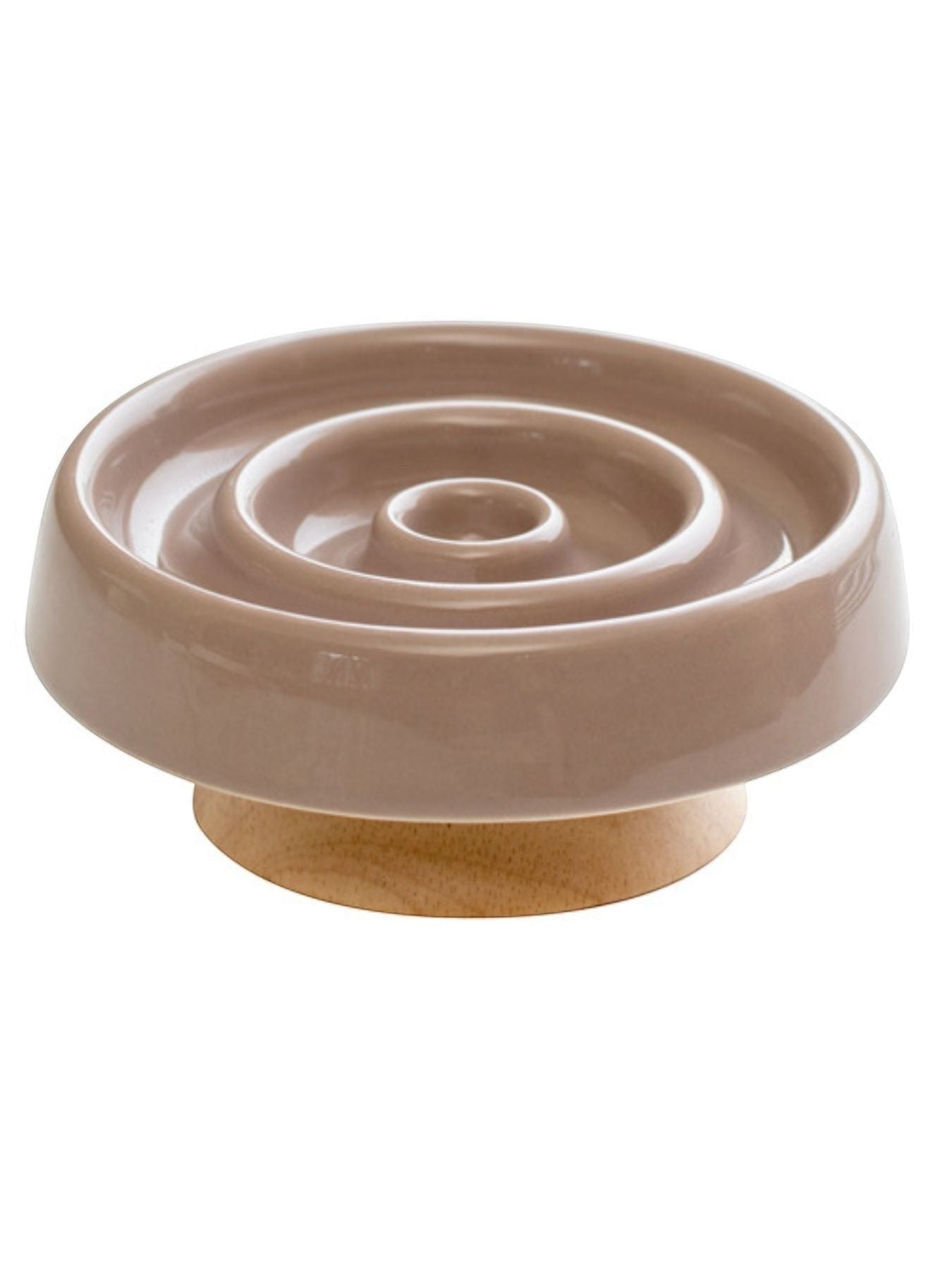 Little Pets Club taupe ceramic slow feeder dog and cat bowl with elevated wooden base, spiral pattern for mindful eating.
