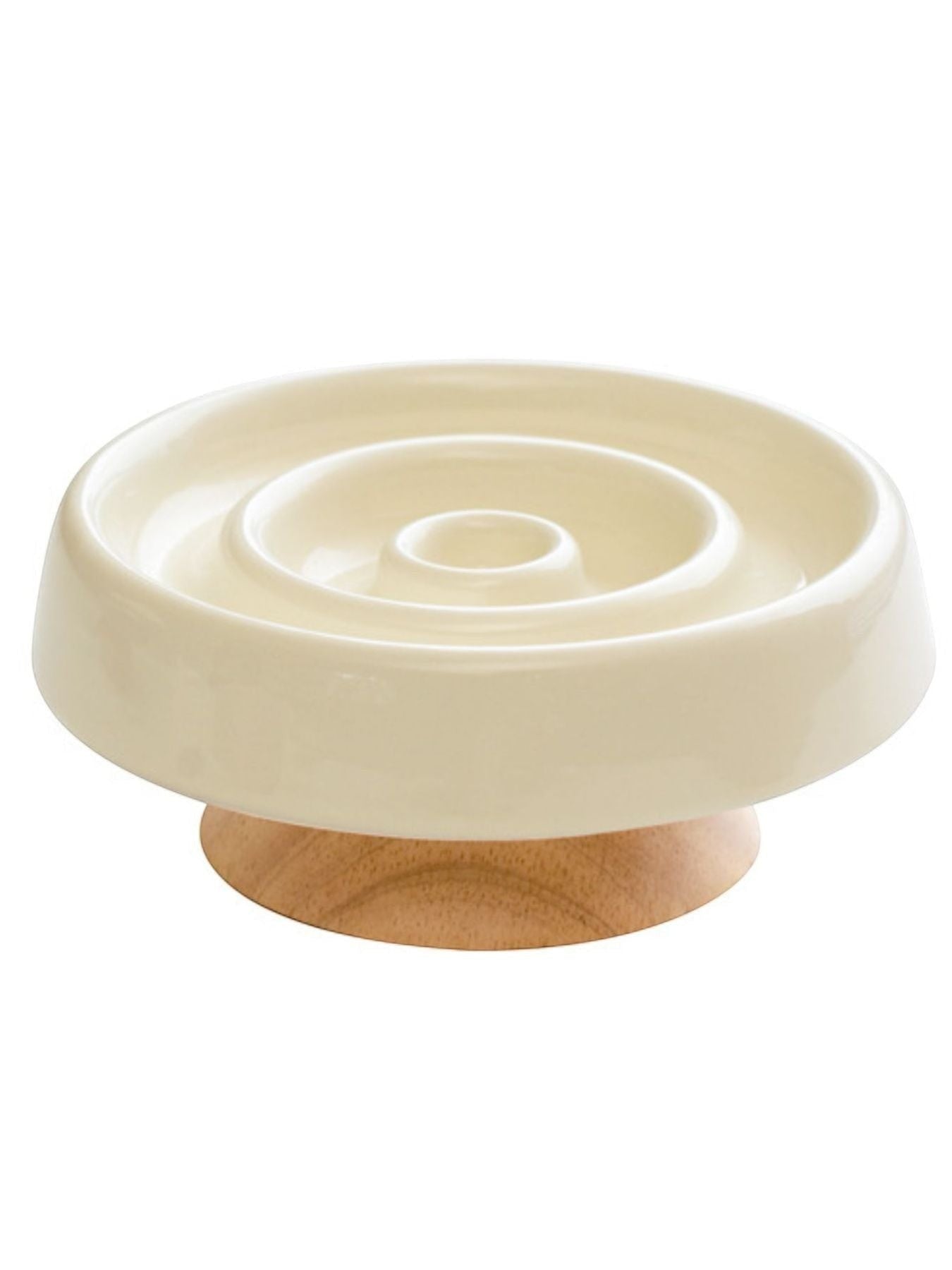 Little Pets Club cream ceramic elevated slow feeder dog and cat bowl with wooden base