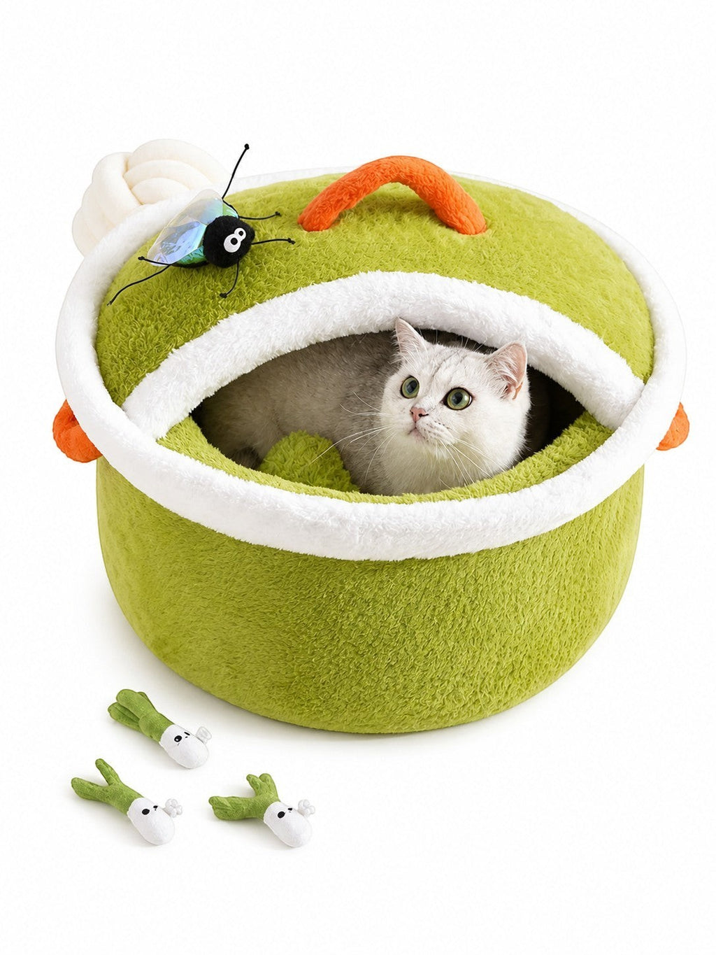 The Cozy Critter Cave™ pet bed by little pets club is a plush, semi-enclosed green hideout with a white trim and a toy bug.