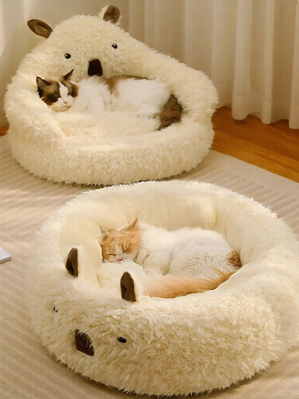 Little Pets Club cream plush bear-shaped pet bed with raised edges, perfect for anxious cats and small dogs.