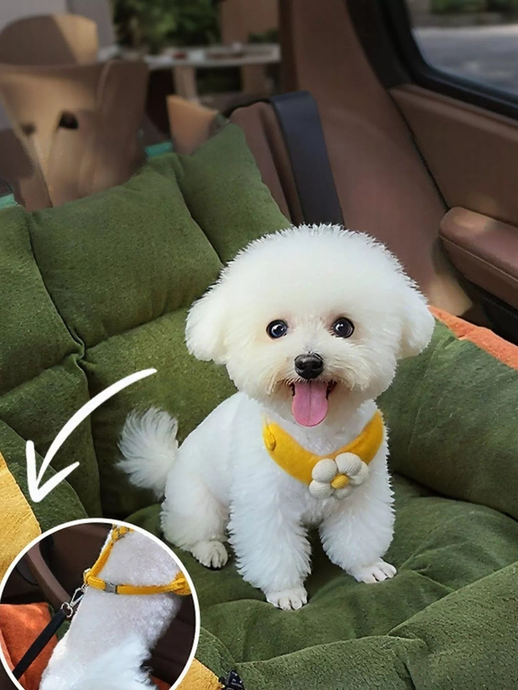 Little Pets Club white Bichon Frise dog wearing a yellow flower harness sits in a green pet car seat bed.