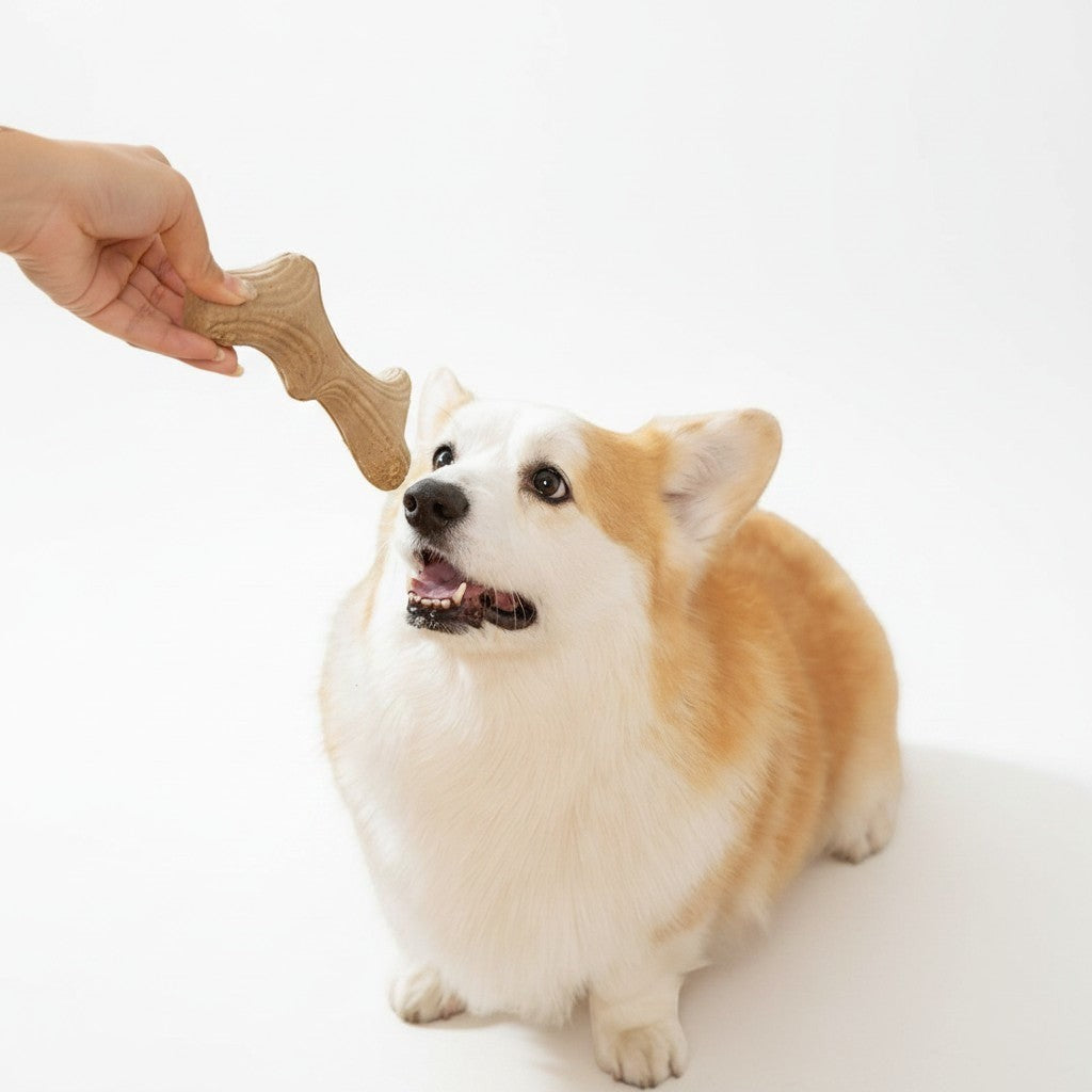 Little Pets Club tan bone-shaped dog chew toy held by a hand, with a corgi looking up expectantly.