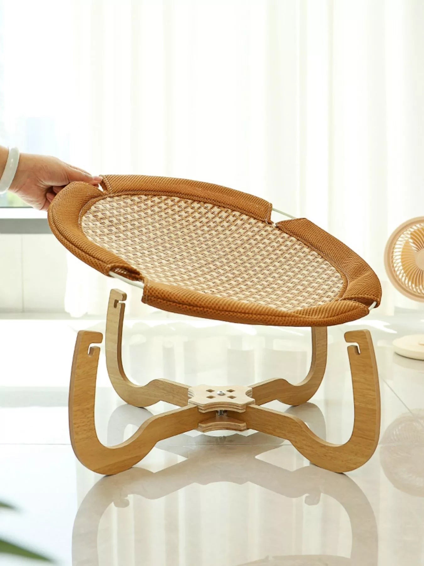 Little Pets Club Elevated Woven Lounge pet bed with natural woven surface and wooden frame, ideal for cats and small pets.