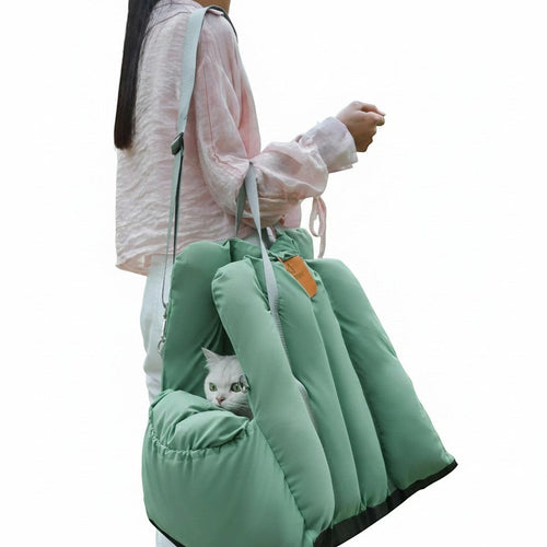 Little Pets Club sage green convertible pet travel tote and car seat carrier with plush interior, featuring a white cat.
