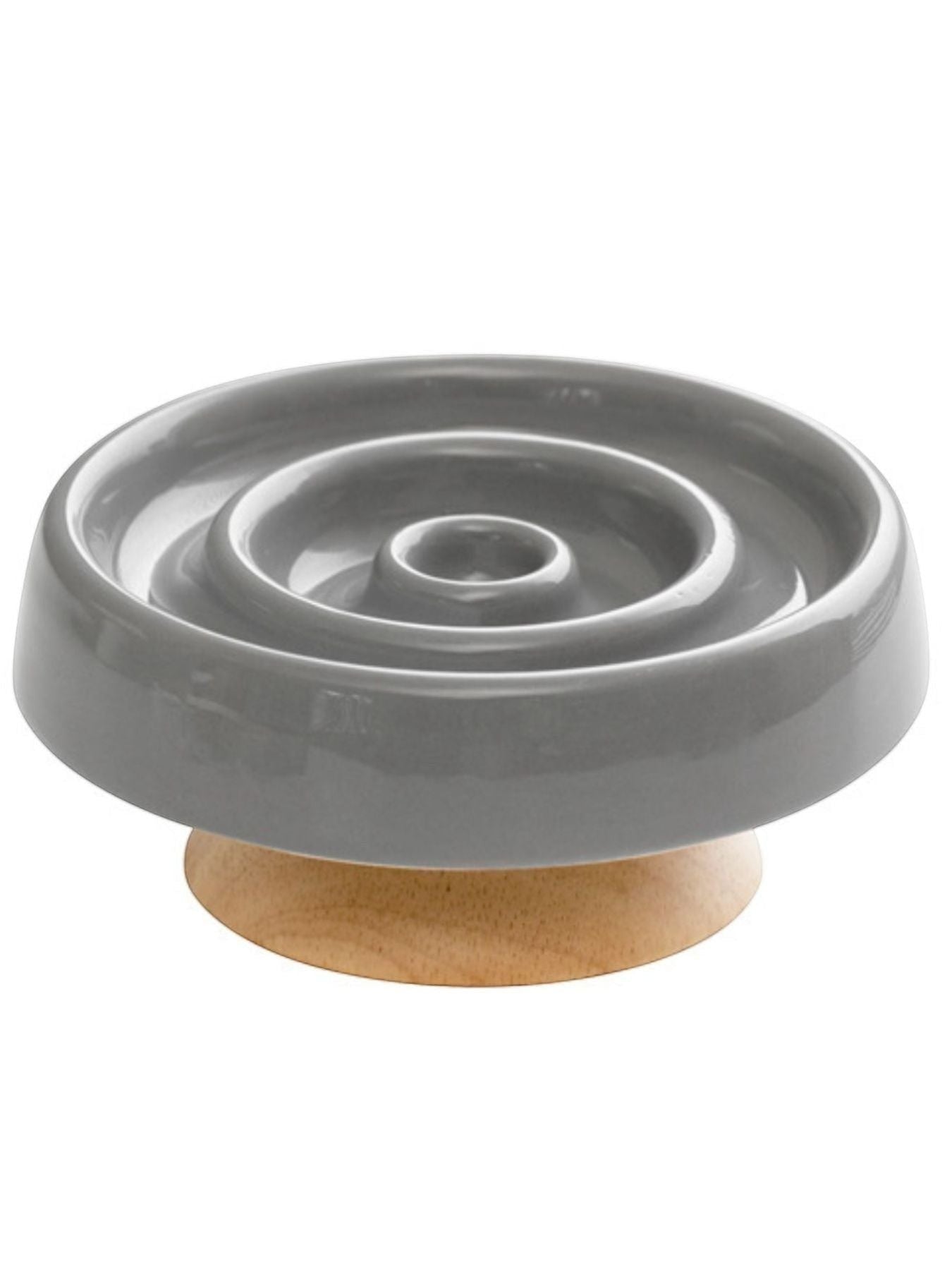 Little Pets Club grey ceramic slow feeder dog and cat bowl with elevated wooden base, spiral pattern for mindful eating.