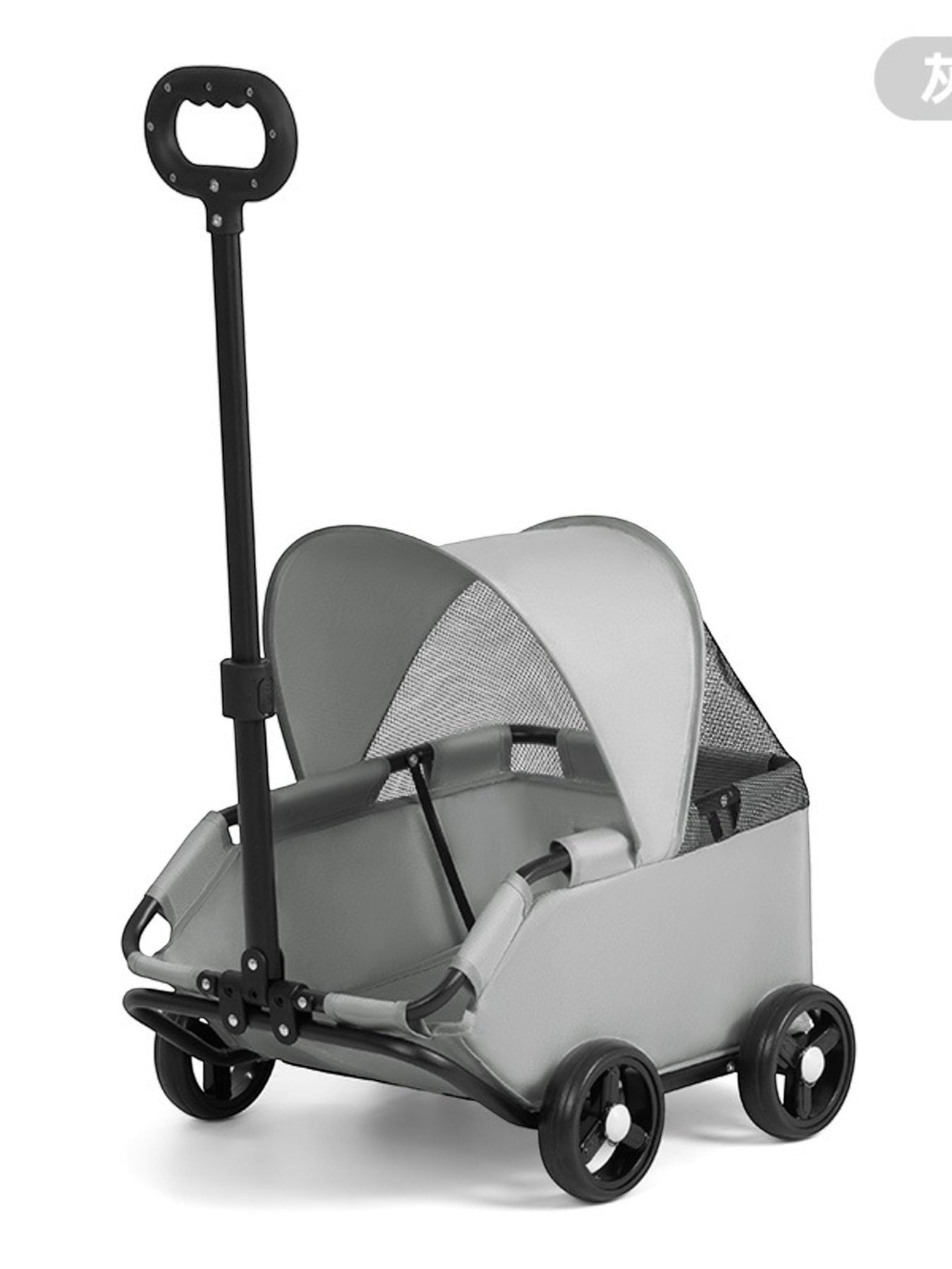 Little Pets Club grey foldable pet stroller with canopy and adjustable handle for small dogs.