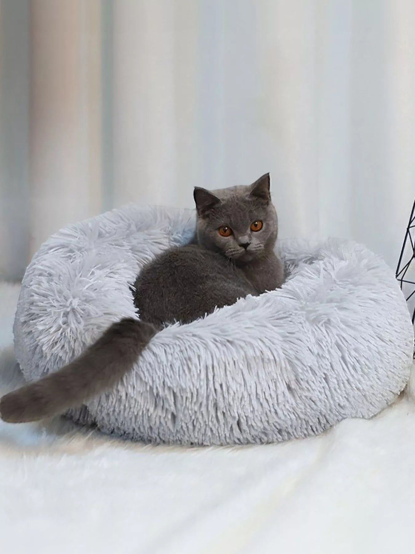 Little Pets Club grey plush donut cat bed with a grey cat resting inside. Features faux fur and raised edges for comfort.
