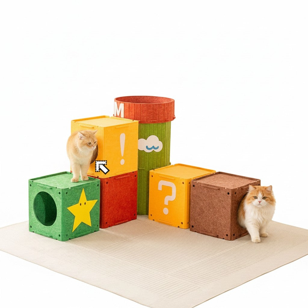 Little Pets Club interactive felt cat house and tunnel system in green, yellow, red, and brown. Features include a star, question mark, and exclamation point.