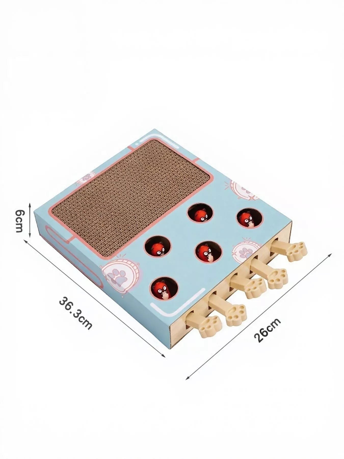 Little Pets Club interactive cat scratching box with whack-a-mole game and paw-shaped levers. Blue cardboard with corrugated scratching surface.