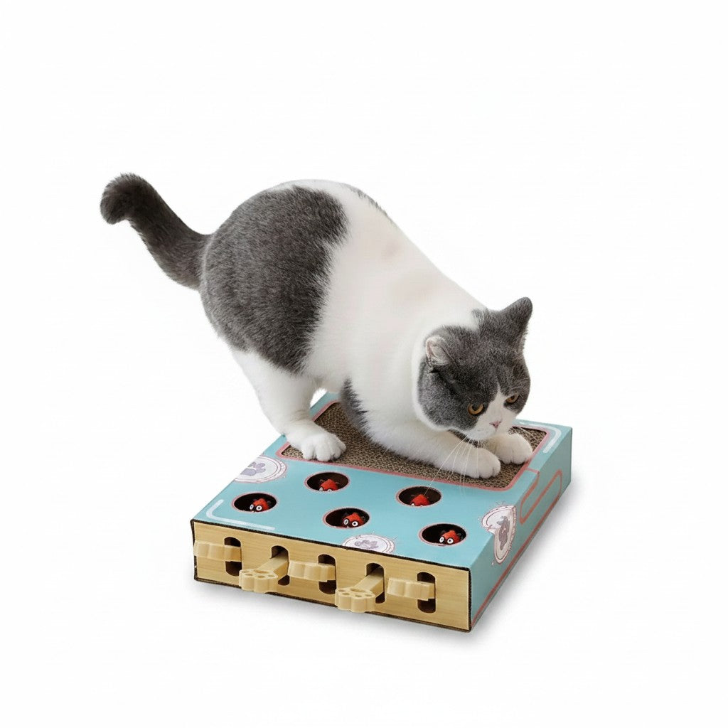 Little Pets Club interactive cat scratching box with whack-a-mole game. Blue box with cartoon ladybugs and wooden levers. Cat playing.