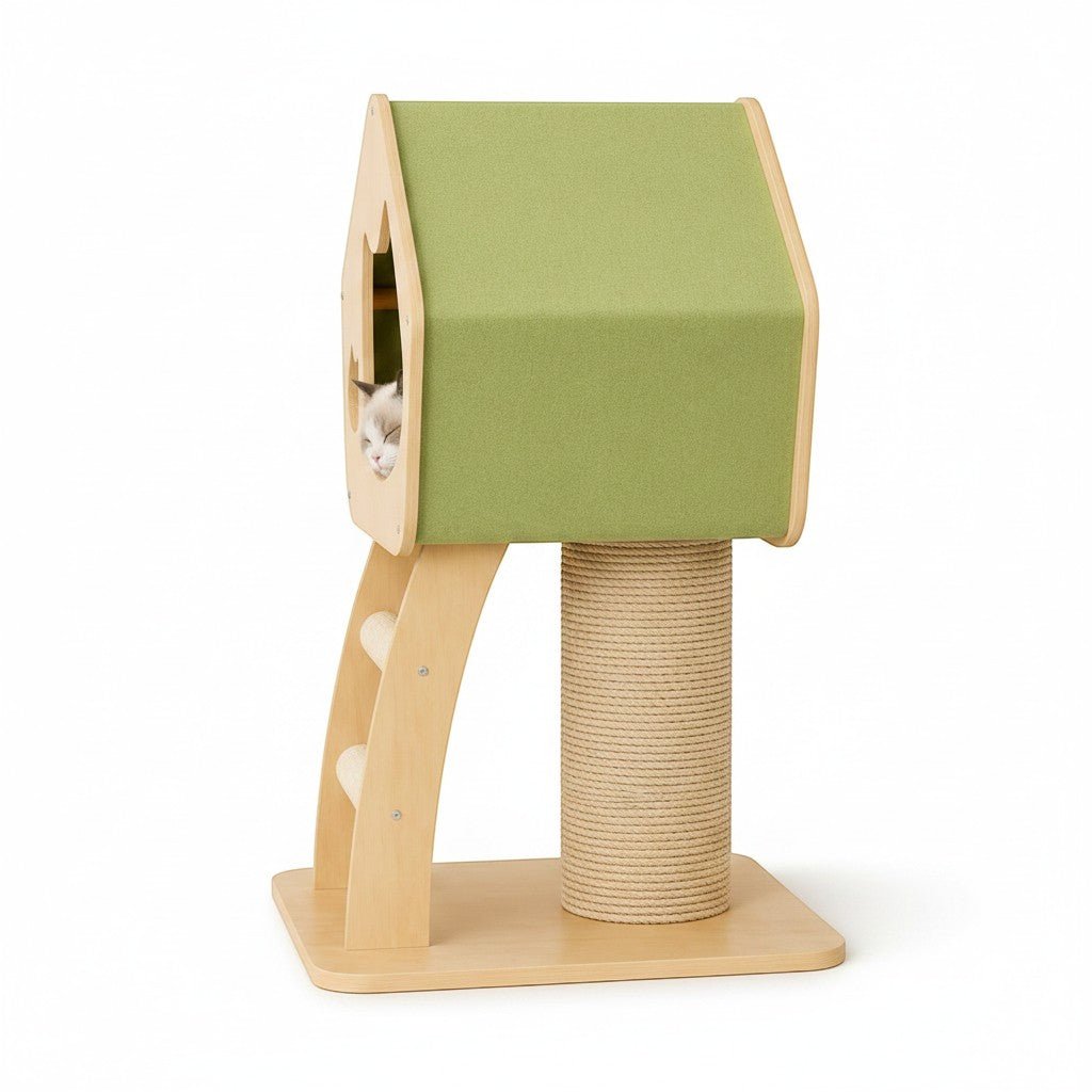 Little Pets Club modern wooden cat condo with green fabric roof, sisal scratching post, and ladder. A kitten peeks out from the condo.