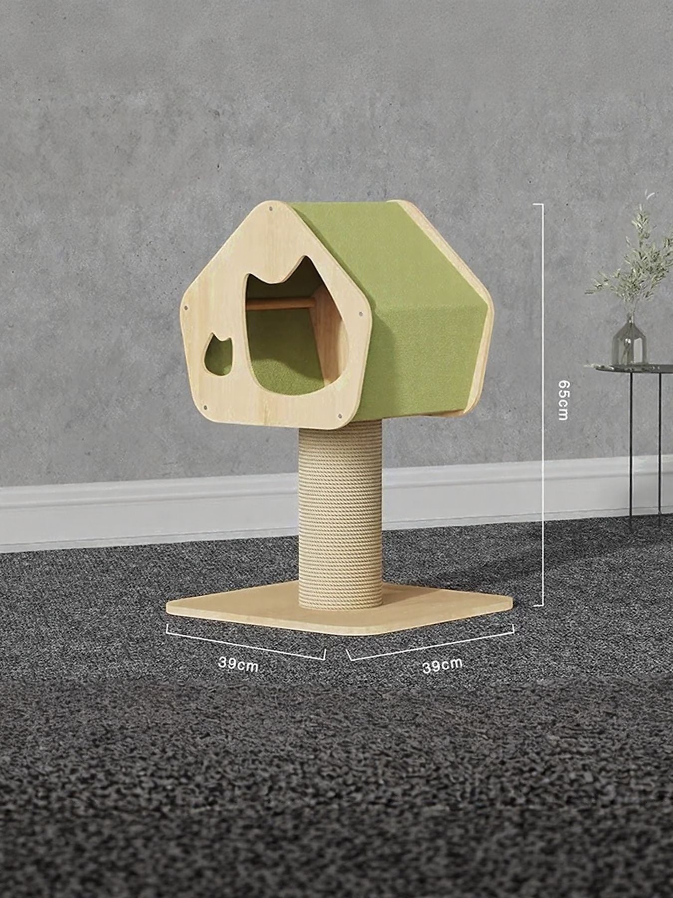 Little Pets Club modern wooden cat condo with green fabric roof, sisal scratching post, and ladder. Features a cat-shaped cutout.