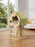 Little Pets Club modern wooden cat condo with green top, sisal scratching post, and ladder. A Ragdoll cat sleeps inside.