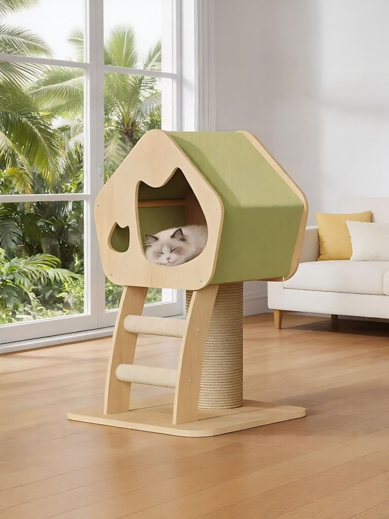 Little Pets Club modern wooden cat condo with green top, sisal scratching post, and ladder. A Ragdoll cat sleeps inside.
