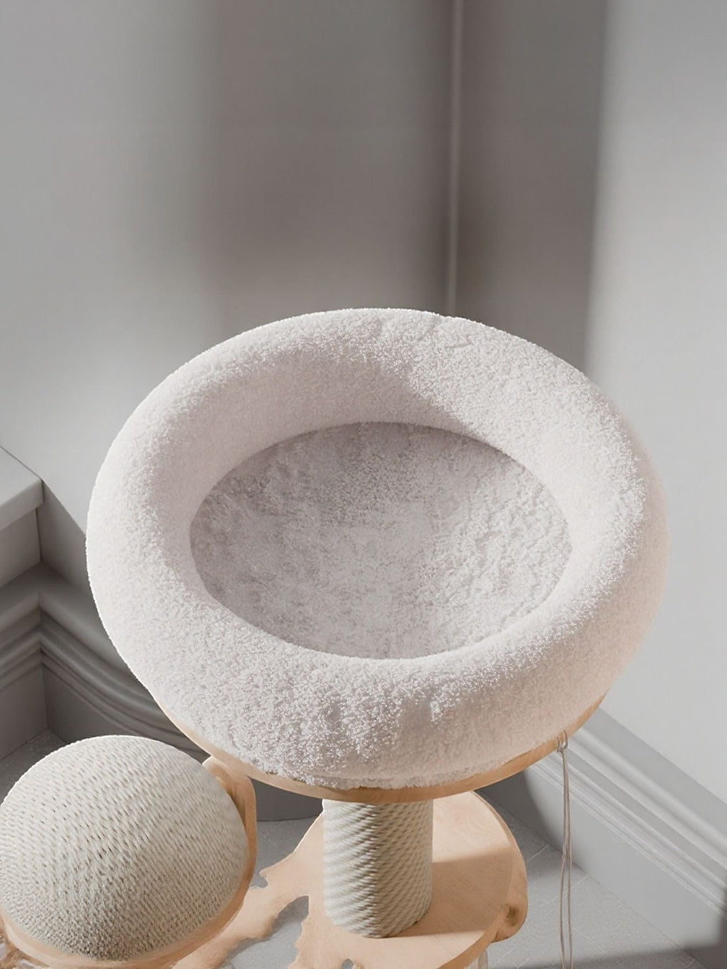 Little Pets Club modern wood cat tower with plush bed and sisal scratching post. Neutral tones.