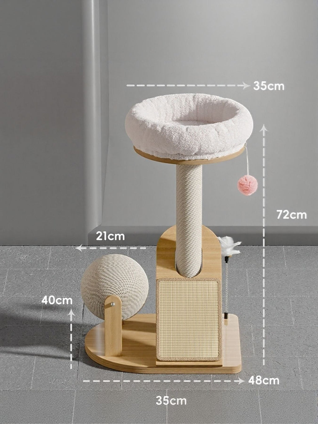 Little Pets Club modern wood cat tower with plush bed, sisal scratching post, angled scratch board, and hanging toy.