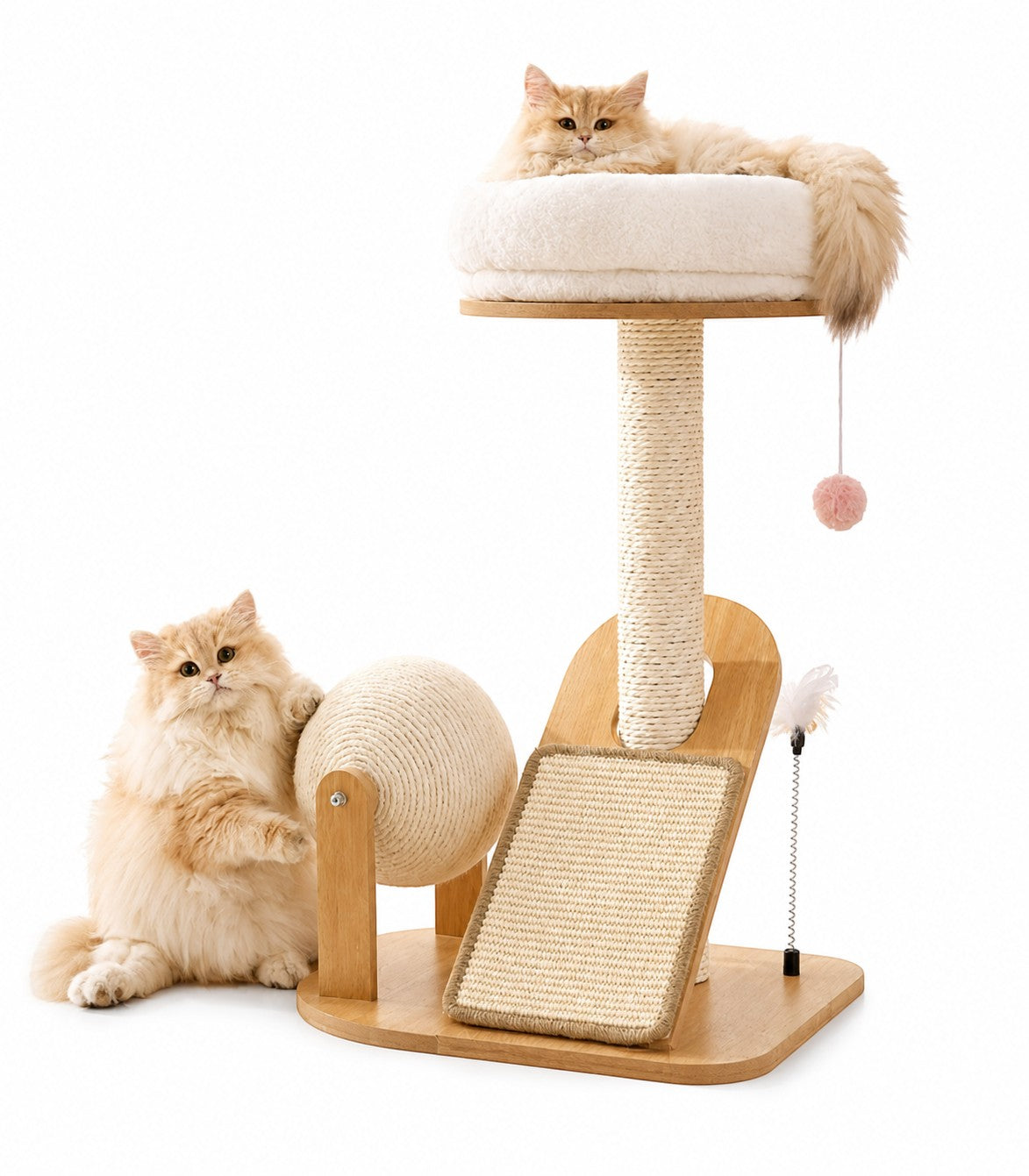 Little Pets Club modern wood cat tower with plush bed, sisal scratching post, rolling scratch drum, and hanging toy. Two cats shown.