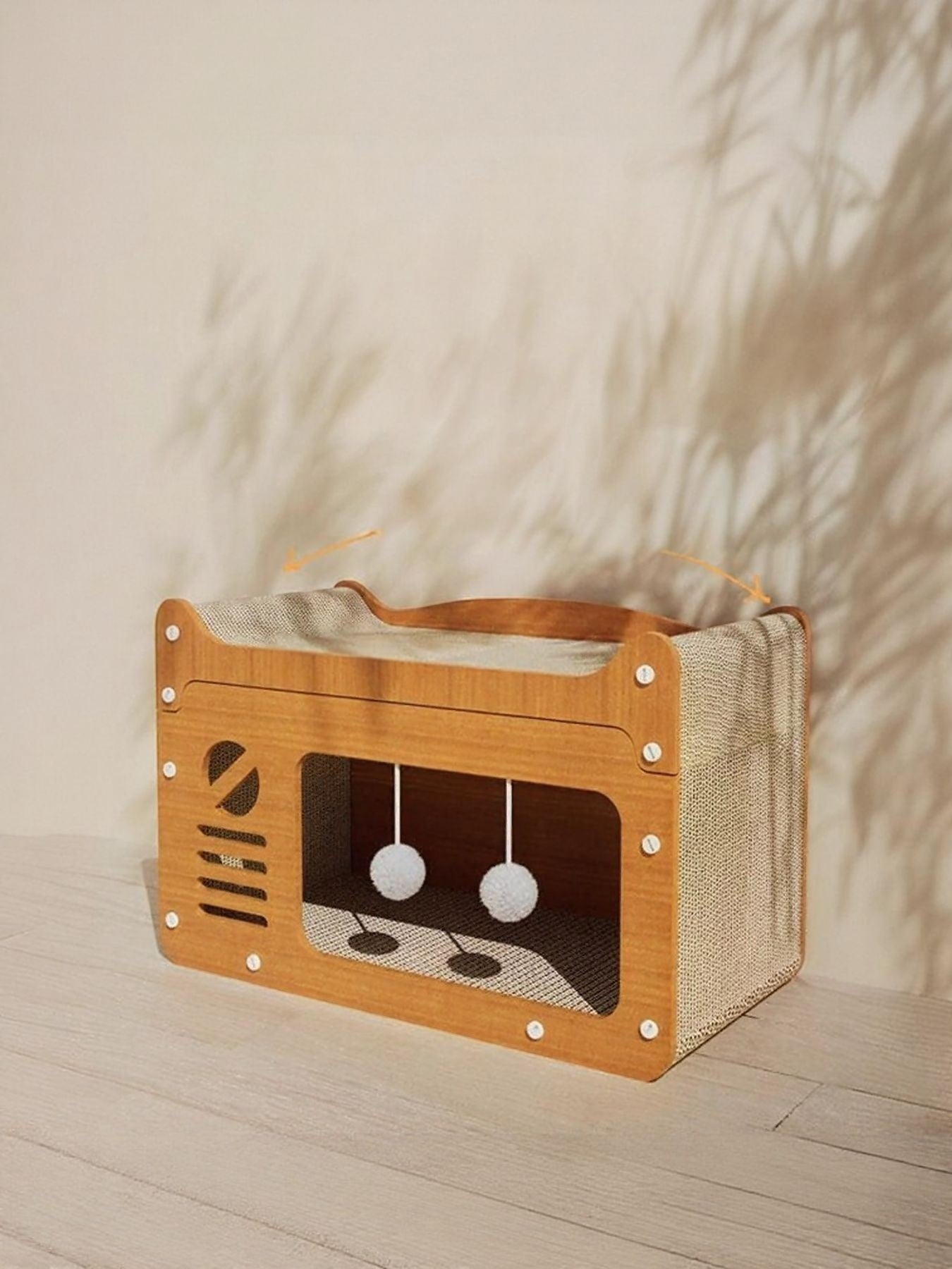 Little Pets Club modern wooden cat scratcher bed with condo and hanging toys. Natural wood frame with textured scratching surfaces and a cozy enclosed hideaway.