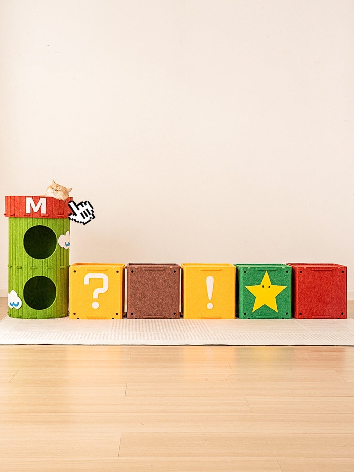 Little Pets Club modular cat house tower with question mark, exclamation mark, and star cubes. Orange cat peeking from tower.