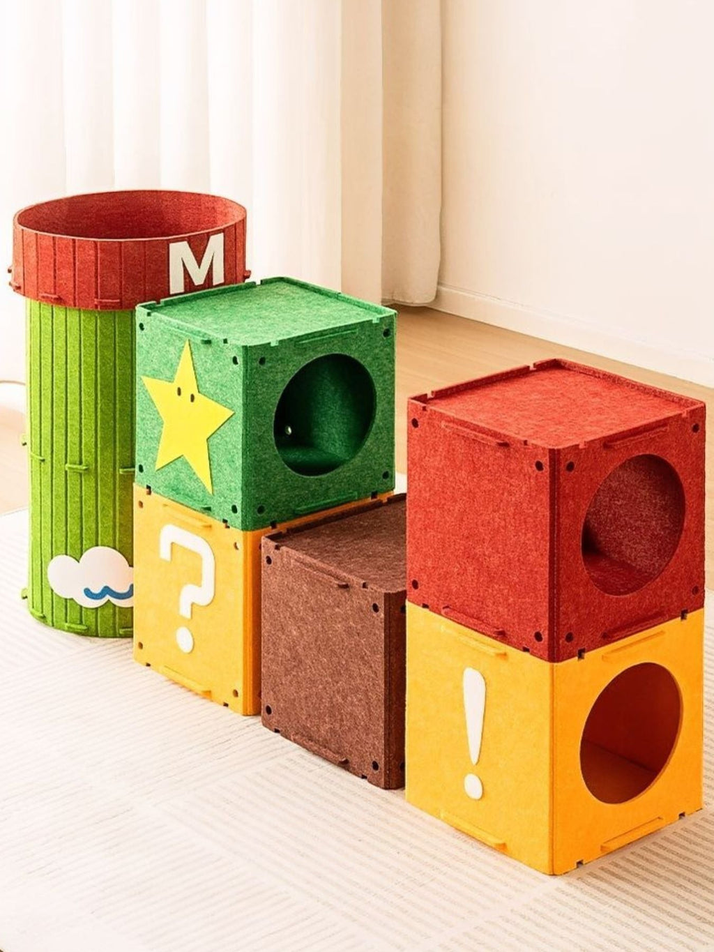 Little Pets Club modular cat house and tunnel tower in red, green, yellow, and brown felt with question mark and exclamation point designs.