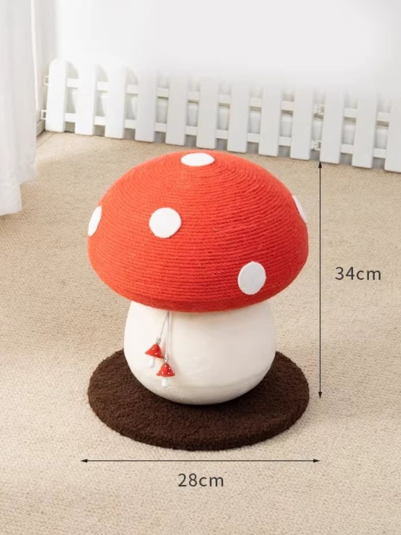 Little Pets Club Enchanted Mushroom cat scratching post, red mushroom cap with white spots, natural fiber stem, brown base.