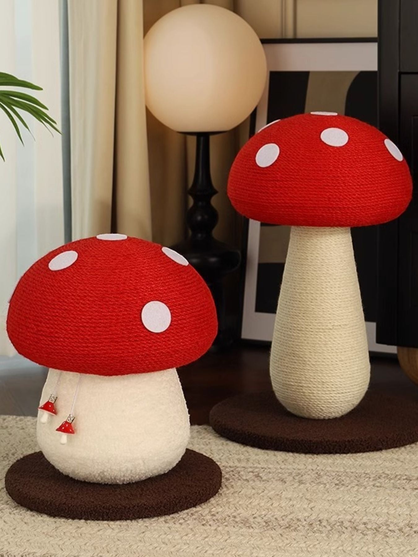 Little Pets Club Enchanted Mushroom Cat Scratching Post, red cap with white polka dots, natural fiber stem, beige base.
