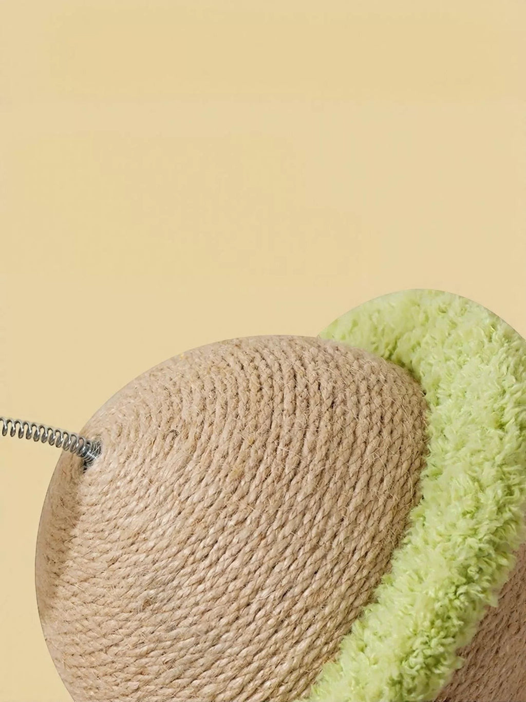 Little Pets Club Orbit Bounce Planet Cat Toy, natural jute scratching surface with green fuzzy trim and spring pom pom.